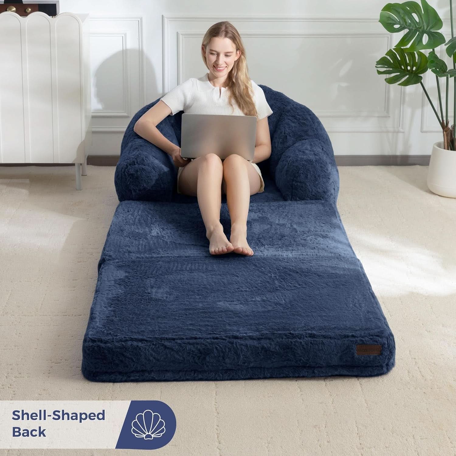 Navy Upholstered Folding Sofa Bed Convertible Lounger