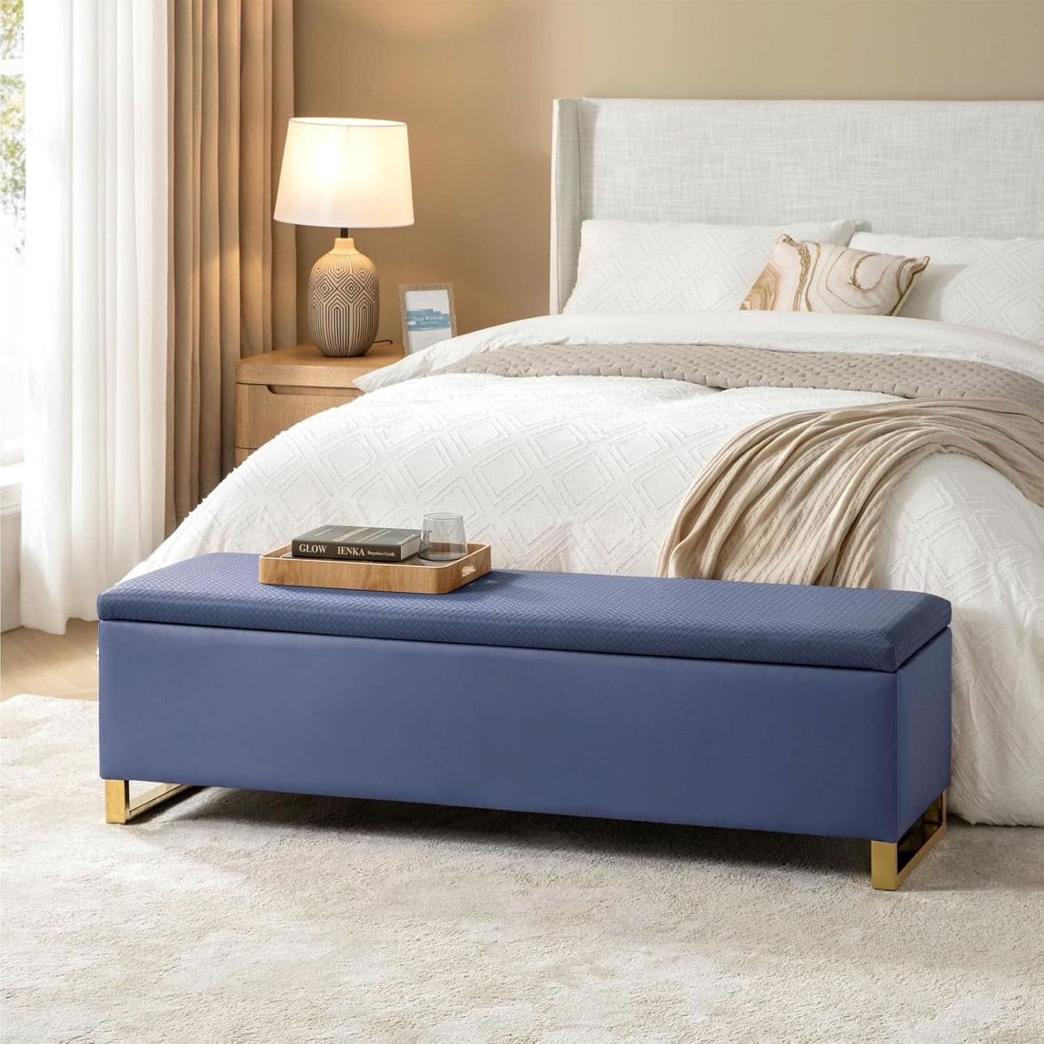 Navy Upholstered Storage Ottoman Bench With Hideaway