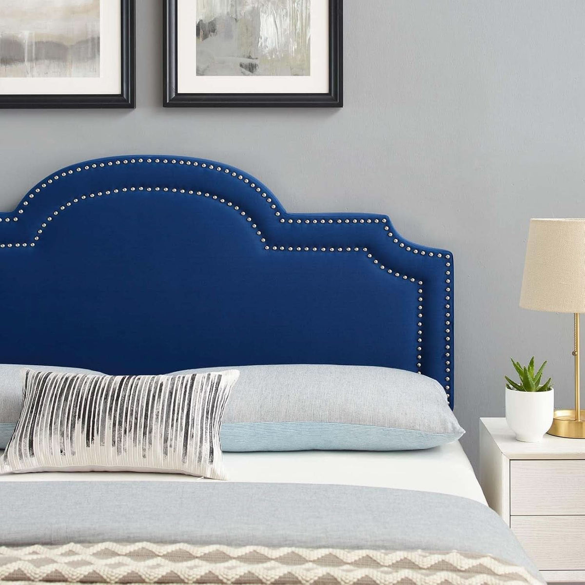 Navy Velvet King Headboard with Nailhead Trim and Foam