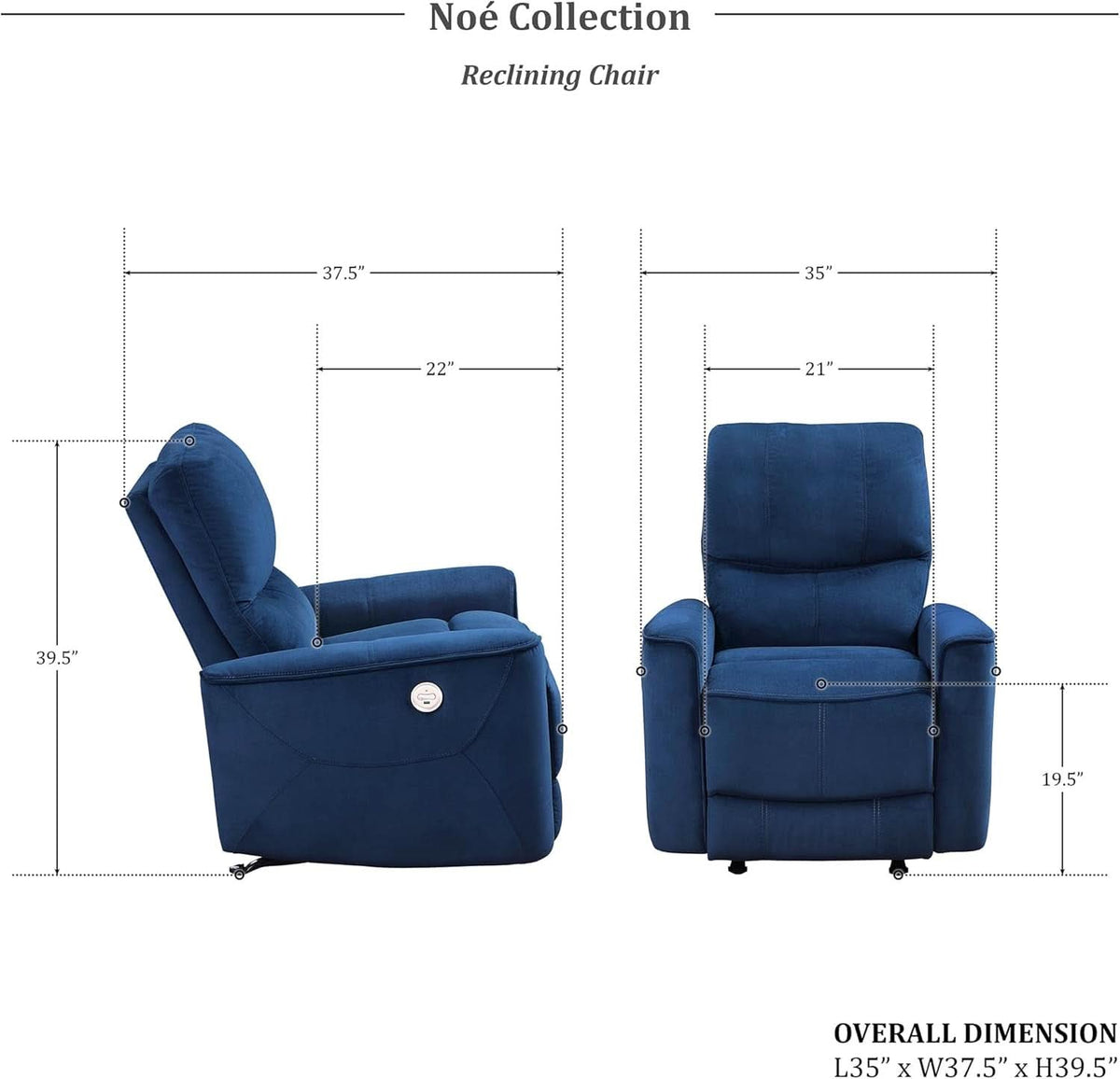 Navy Velvet Power Recliner Chair for Living Room Theater