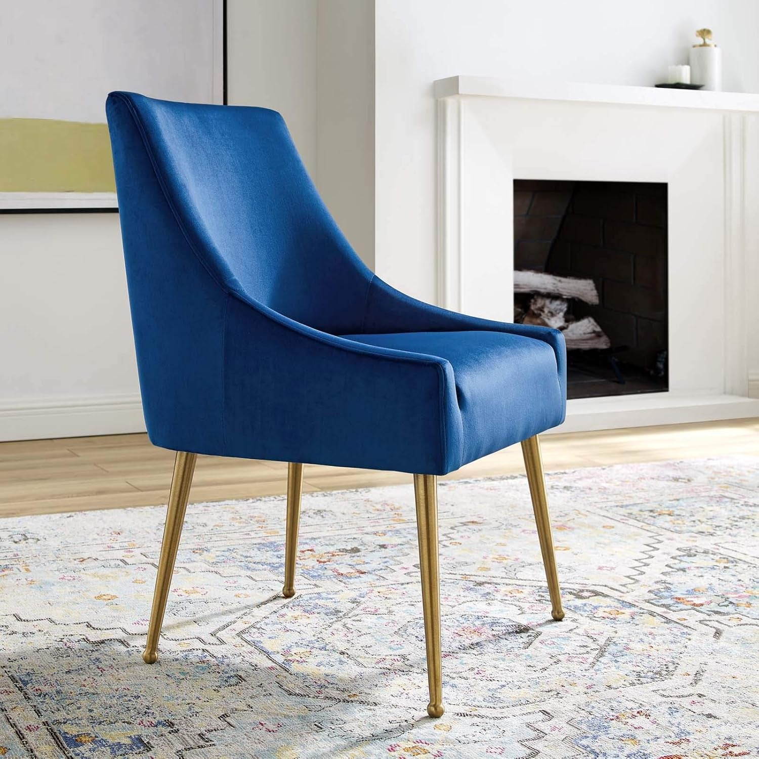 Navy Velvet Upholstered Dining Chair Retro Modern Design