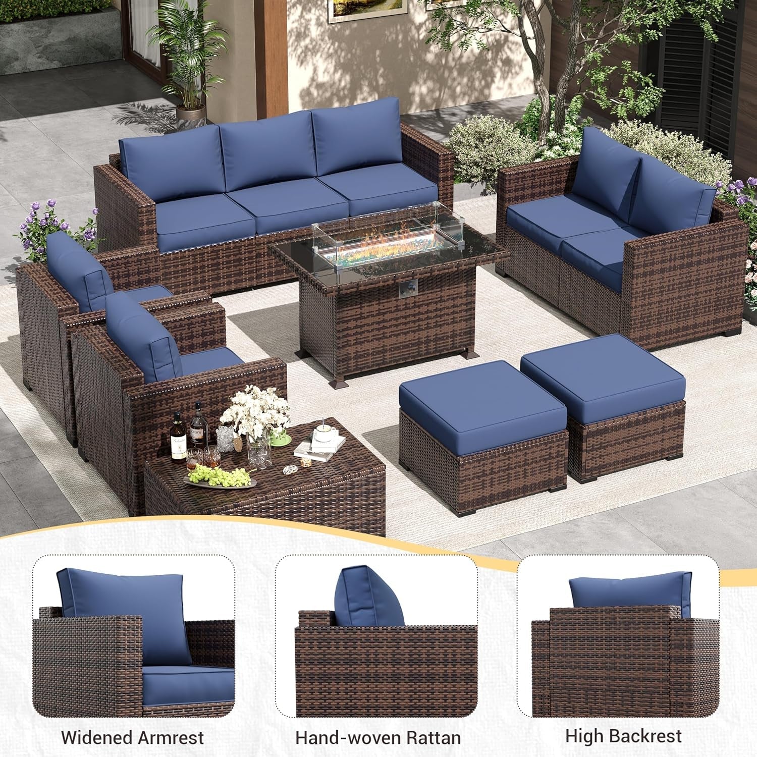 Navy Wicker Outdoor Sectional Couch Set with Fire Pit