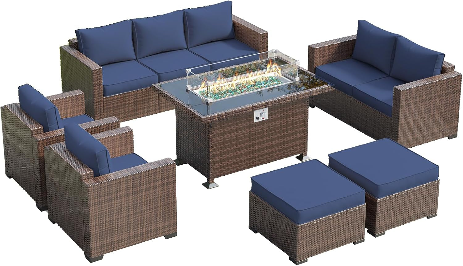 Navy Wicker Outdoor Sectional Couch Set with Fire Pit