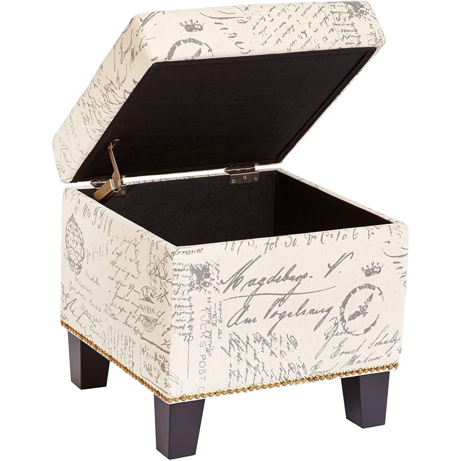 Neutral Beige Script Ottoman With Hidden Storage Square