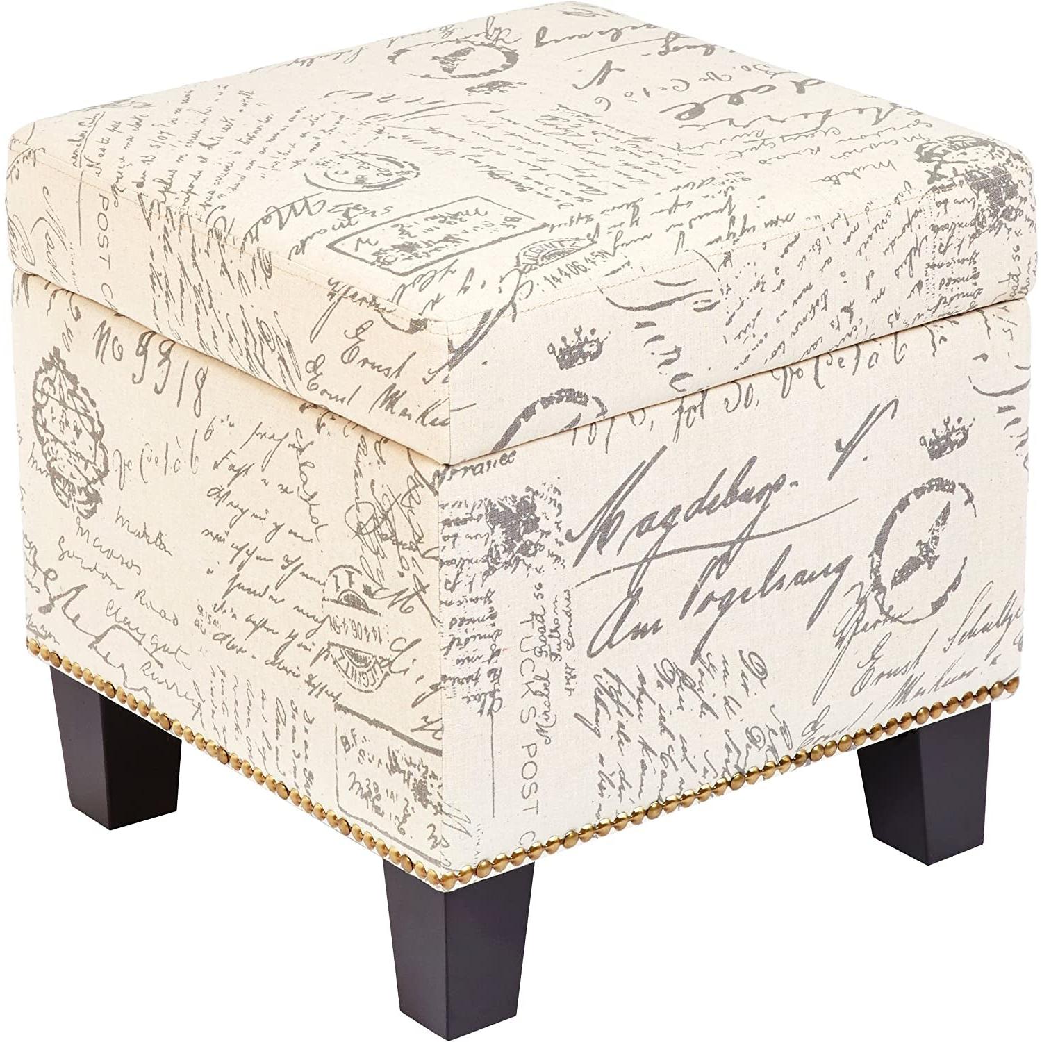 Neutral Beige Script Ottoman With Hidden Storage Square