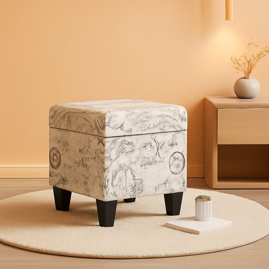 Neutral Beige Script Ottoman With Hidden Storage Square