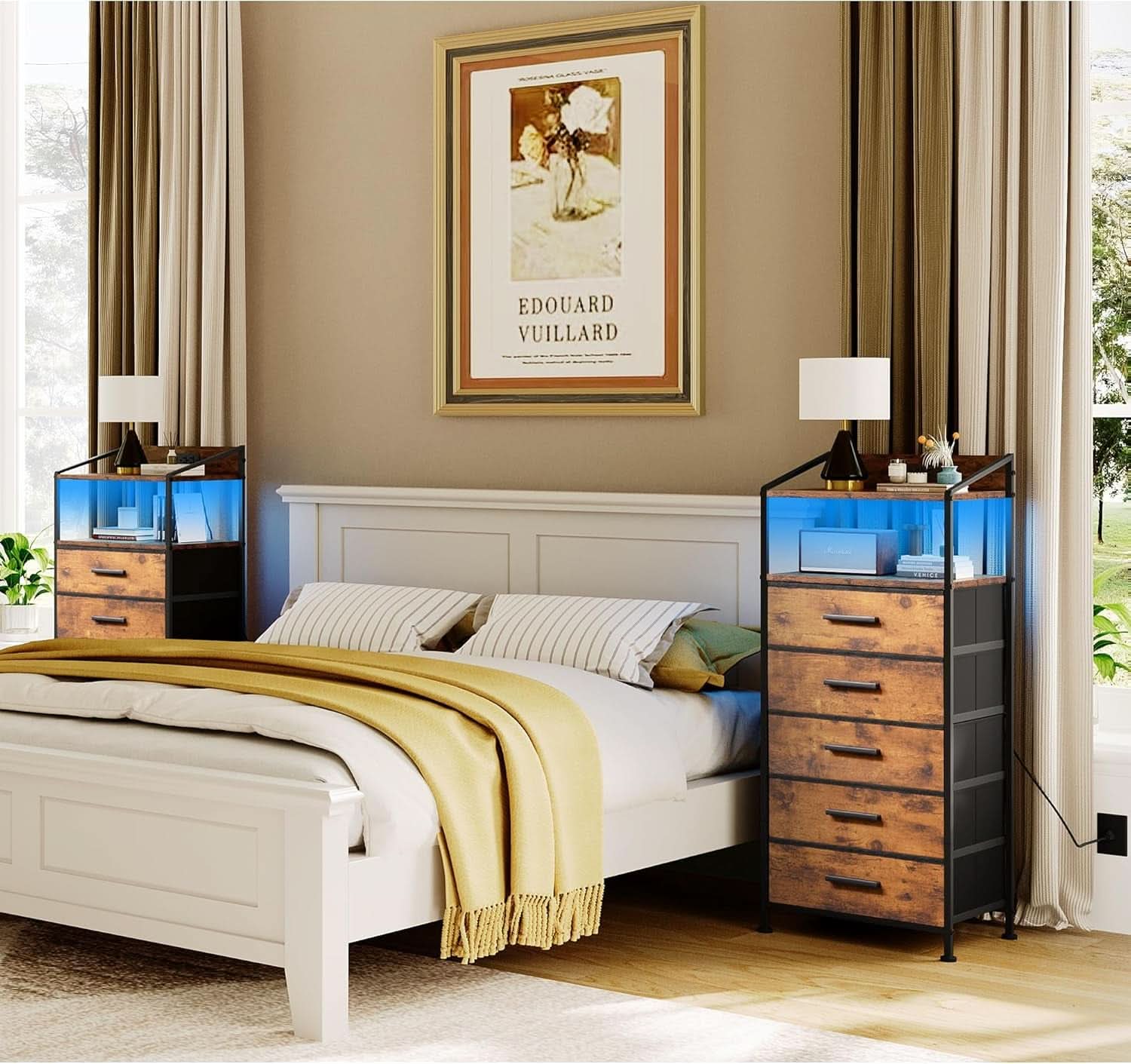 Nightstand Dresser With Led Lighting Rustic Brown Finish