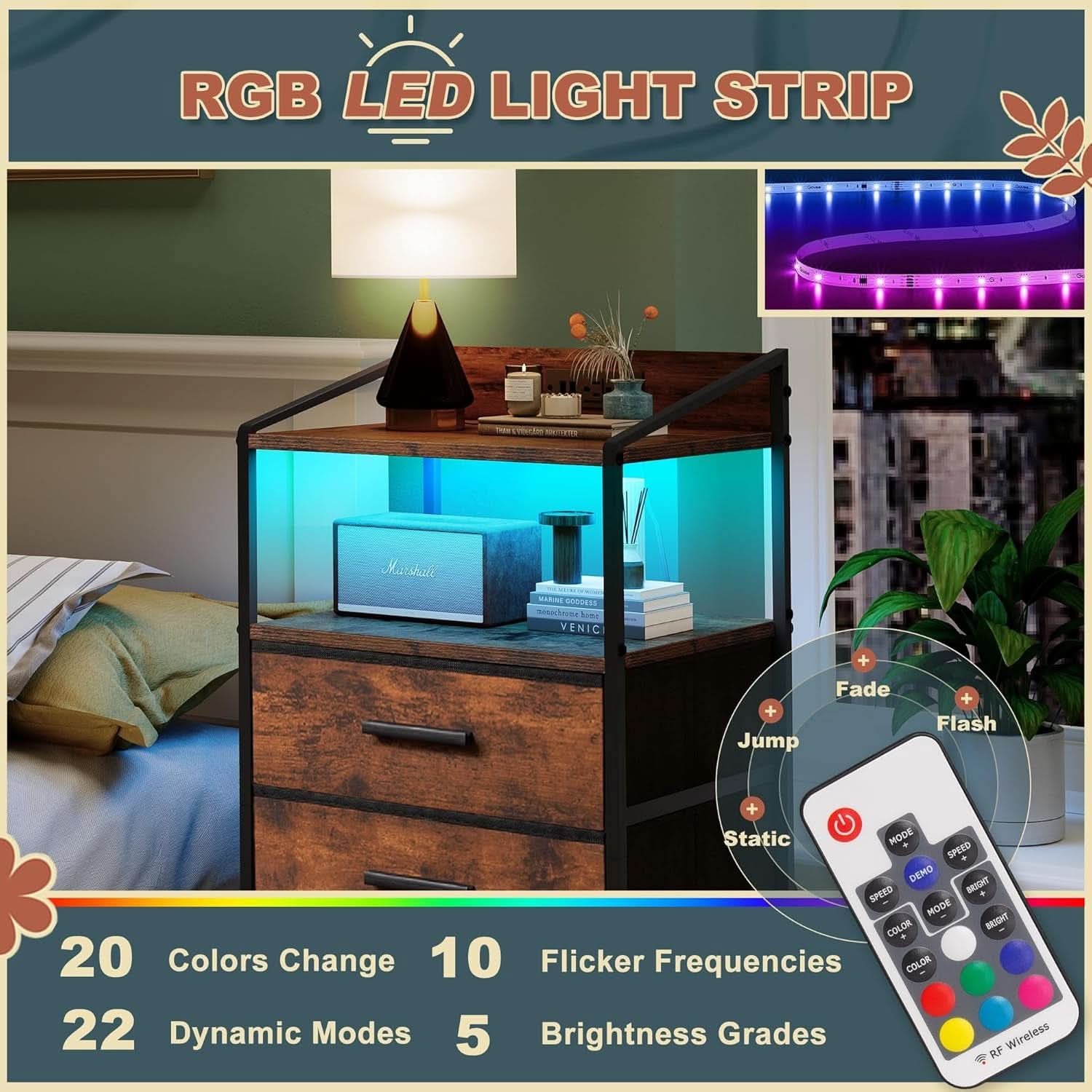 Nightstand Dresser With Led Lighting Rustic Brown Finish