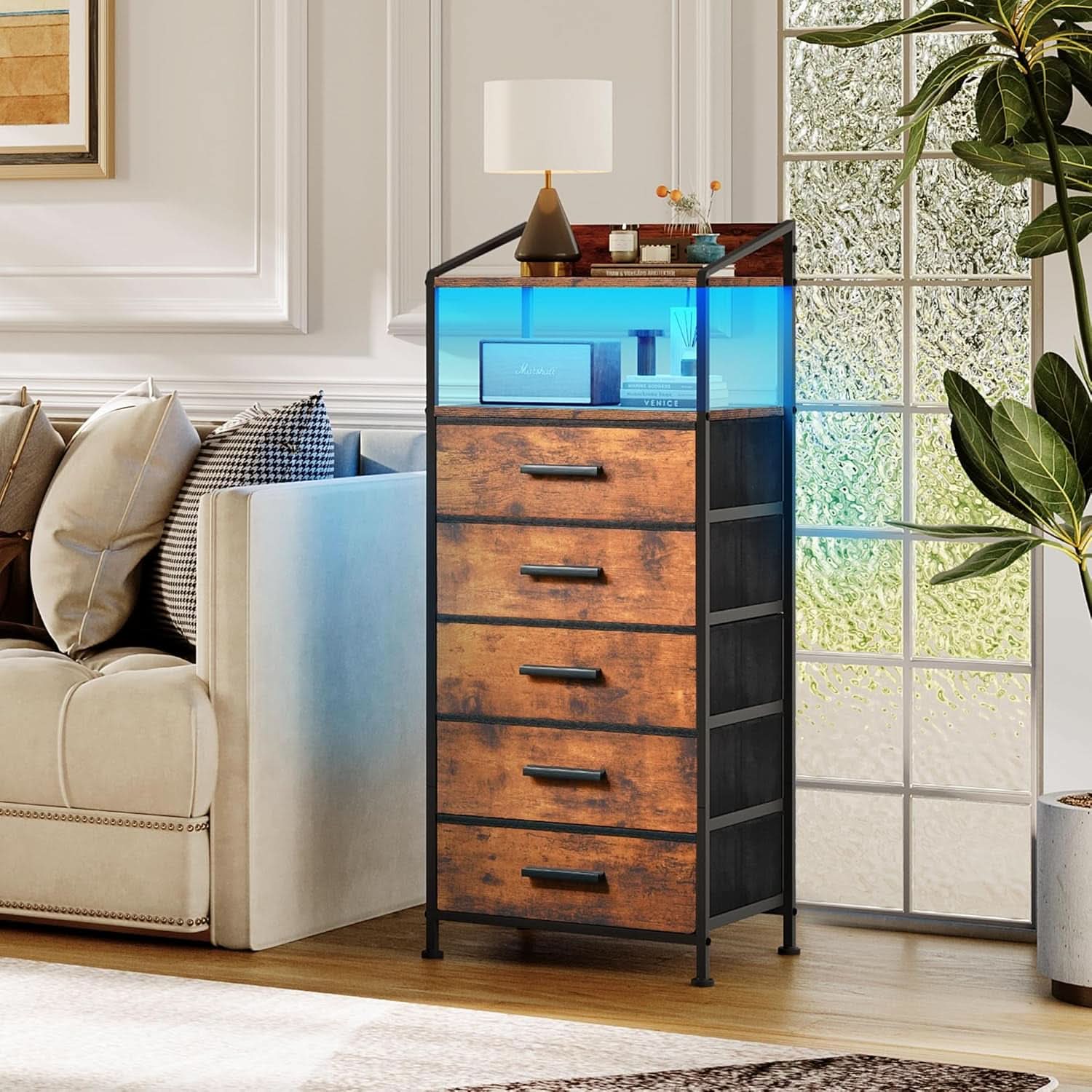 Nightstand Dresser With Led Lighting Rustic Brown Finish