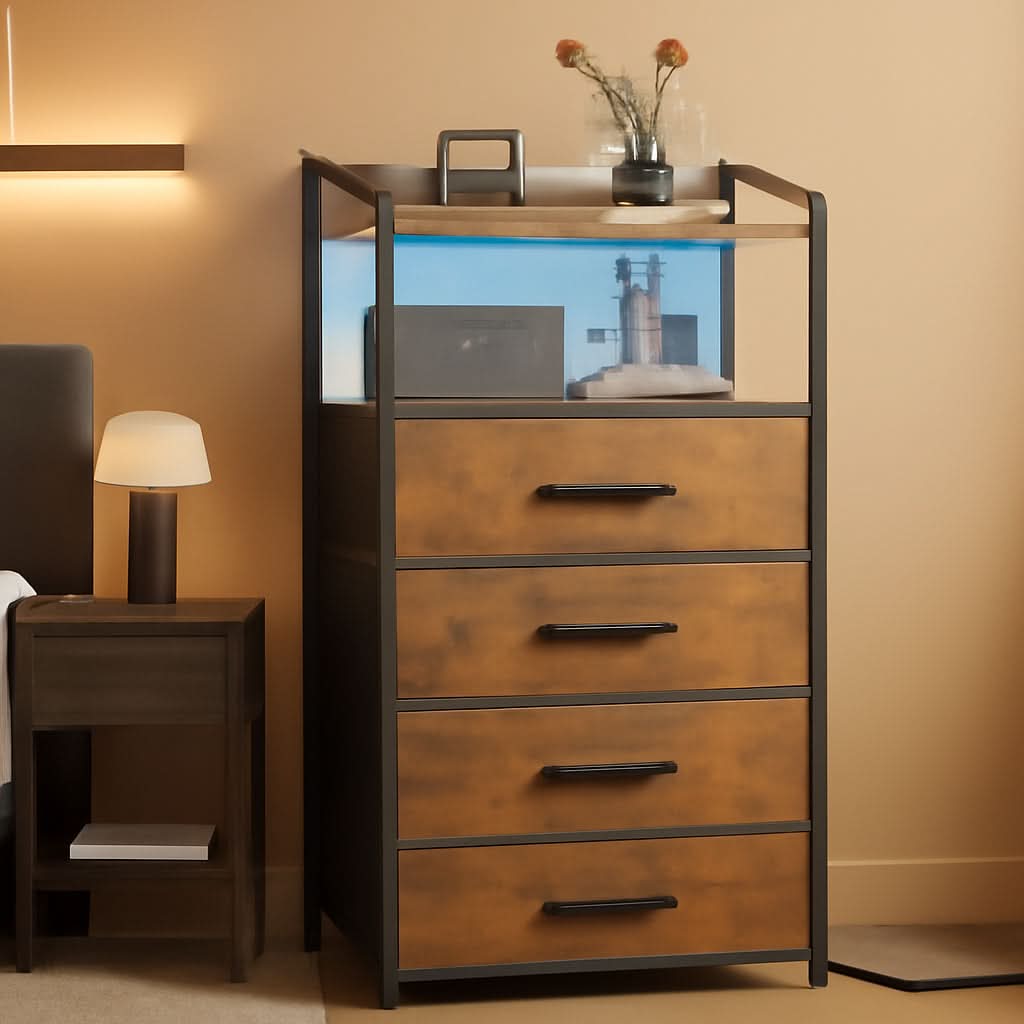 Nightstand Dresser With Led Lighting Rustic Brown Finish