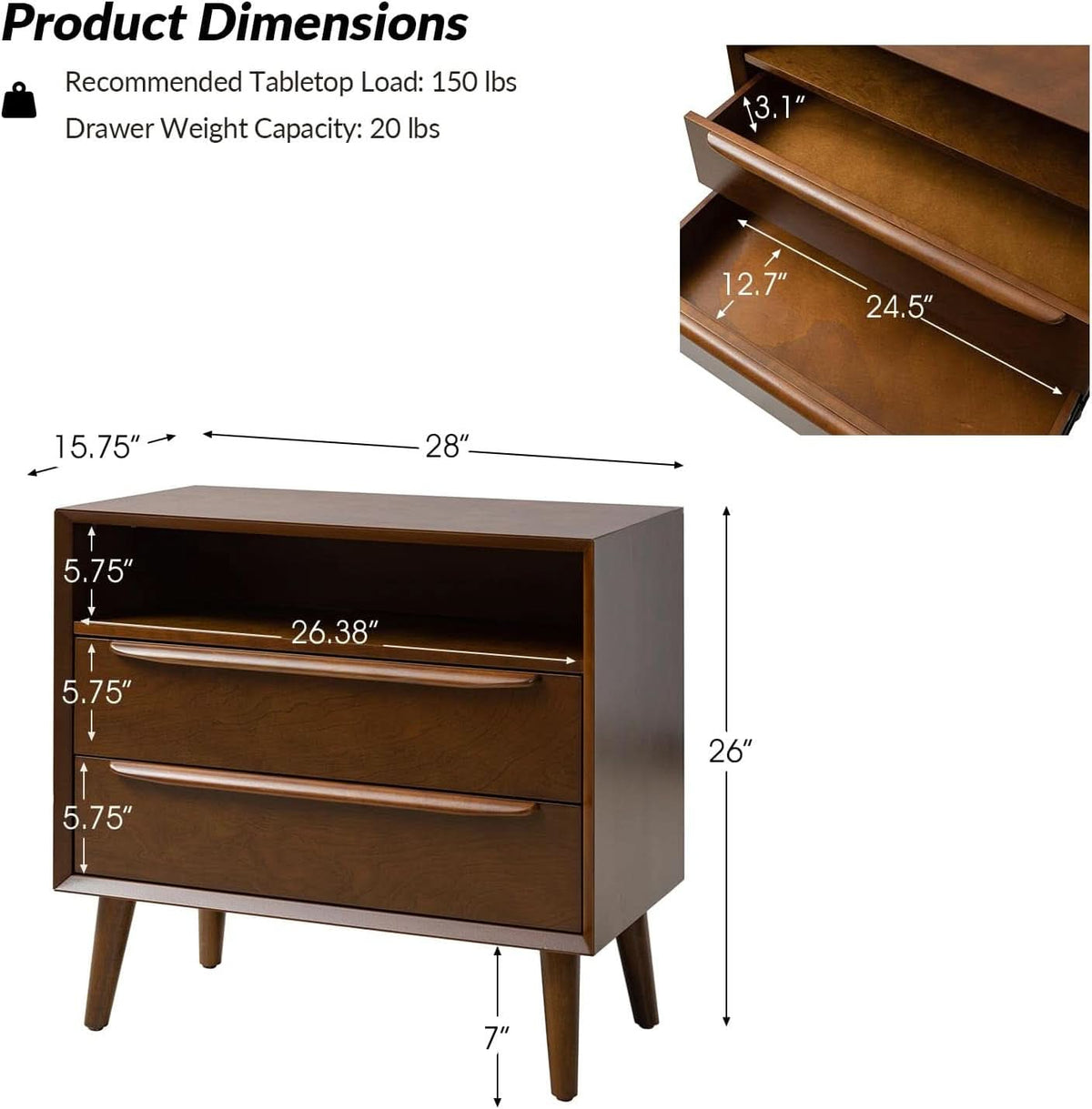 Nightstand With Charging Station Walnut Mid Century Modern