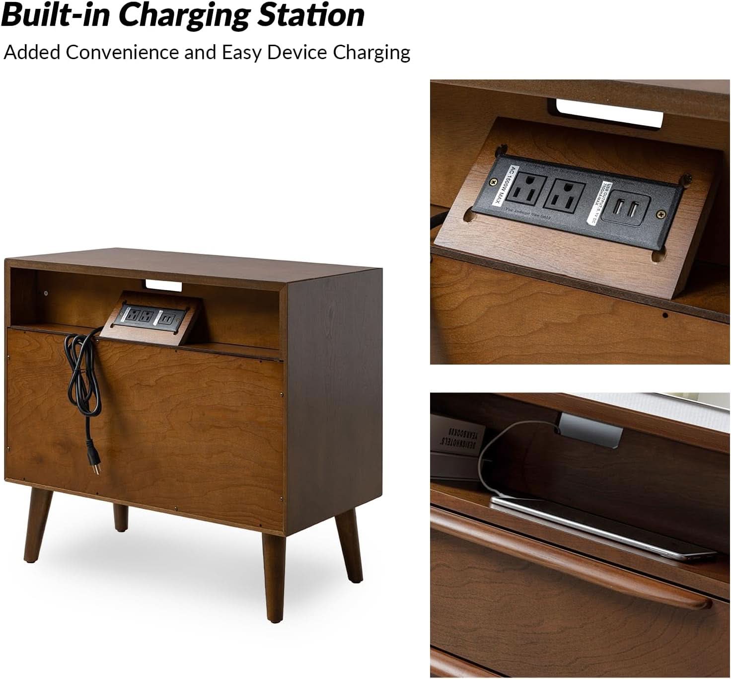 Nightstand With Charging Station Walnut Mid Century Modern