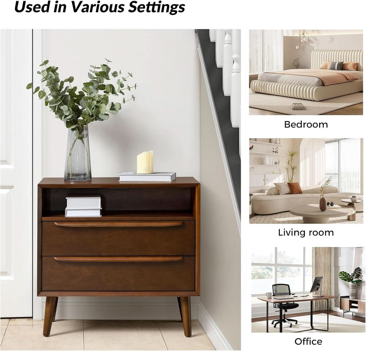 Nightstand With Charging Station Walnut Mid Century Modern