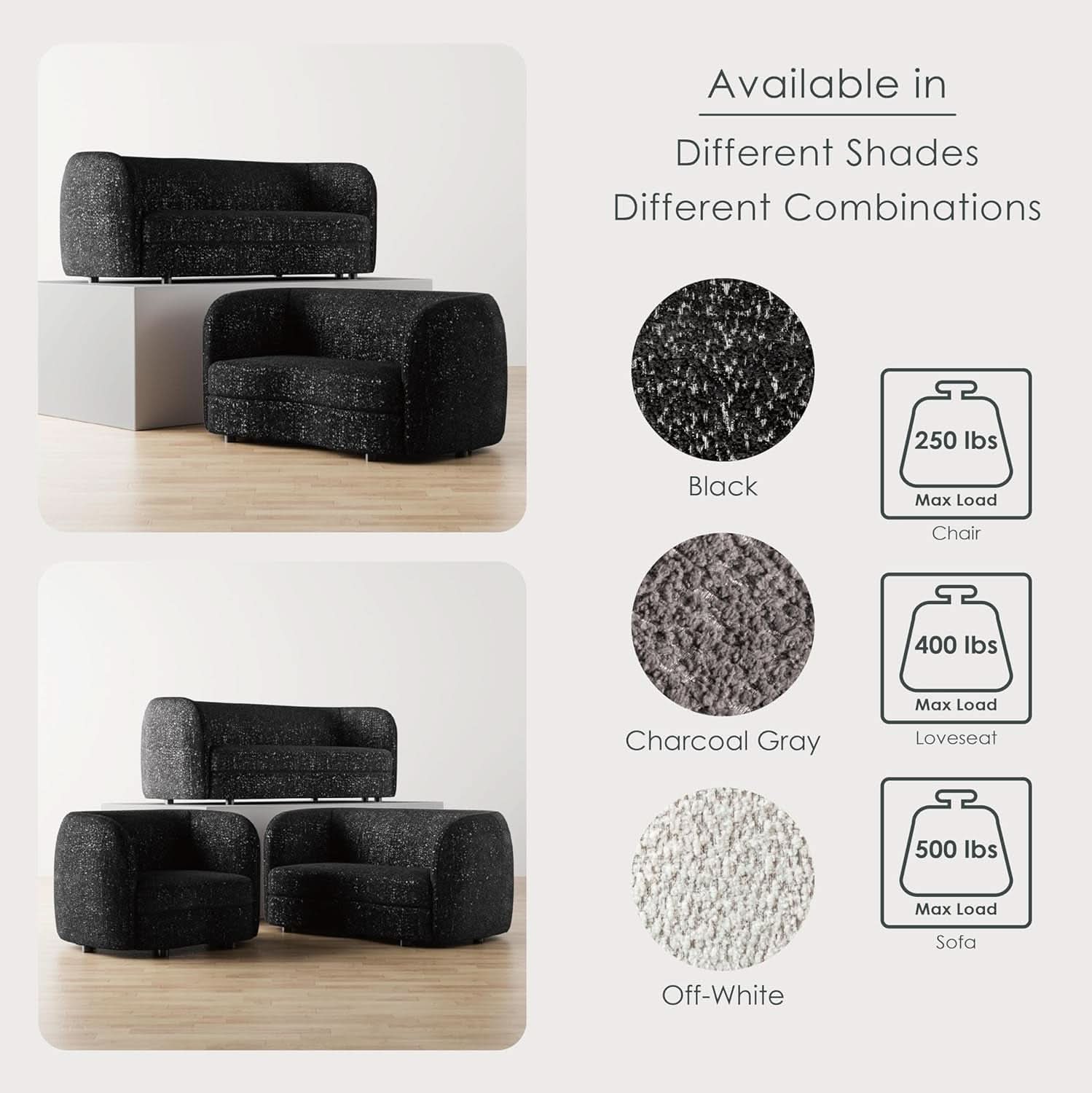 Nimiane Modern Boucle Sofa Set Black With Curved Arms