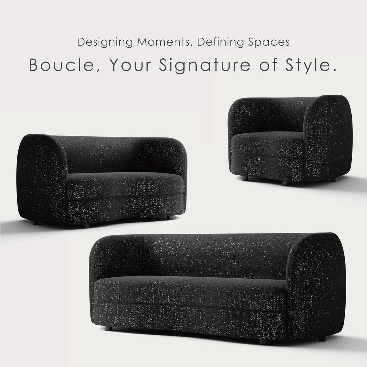 Nimiane Modern Boucle Sofa Set Black With Curved Arms