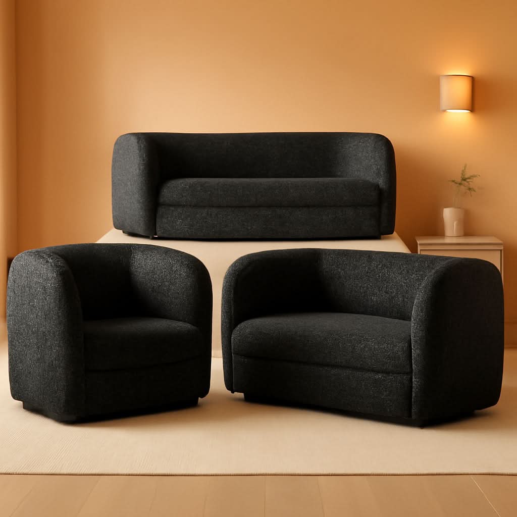 Nimiane Modern Boucle Sofa Set Black With Curved Arms