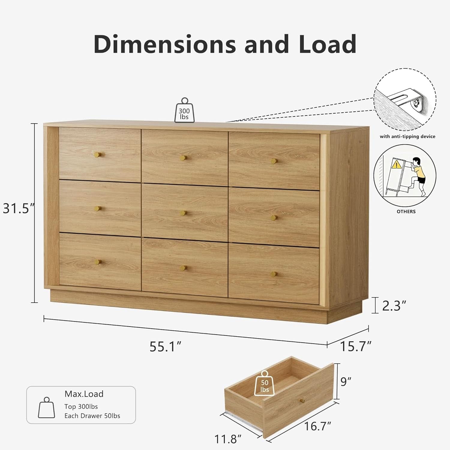 Nine Drawer Dresser 55 Inch Golden Oak UltraWoodgrain