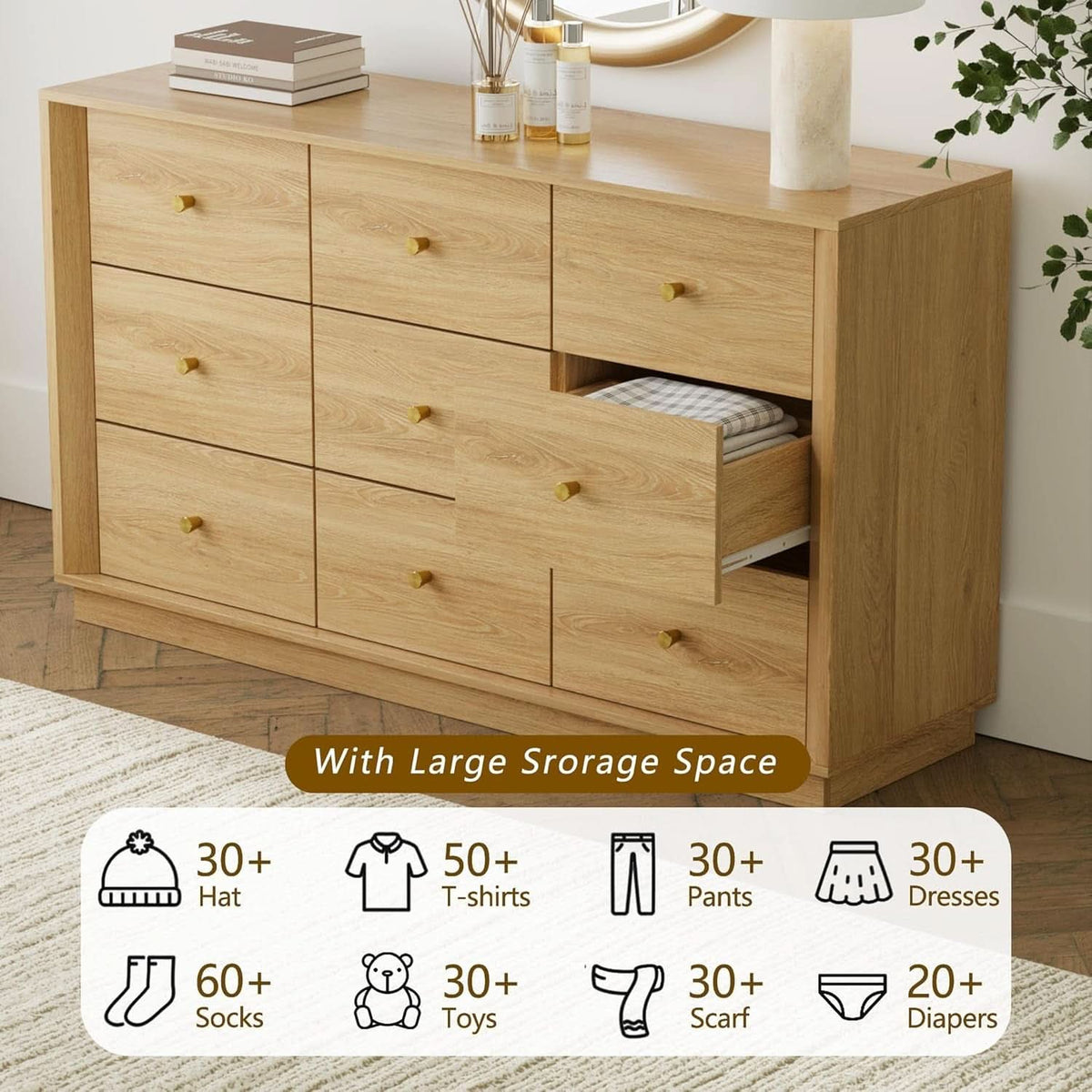Nine Drawer Dresser 55 Inch Golden Oak UltraWoodgrain