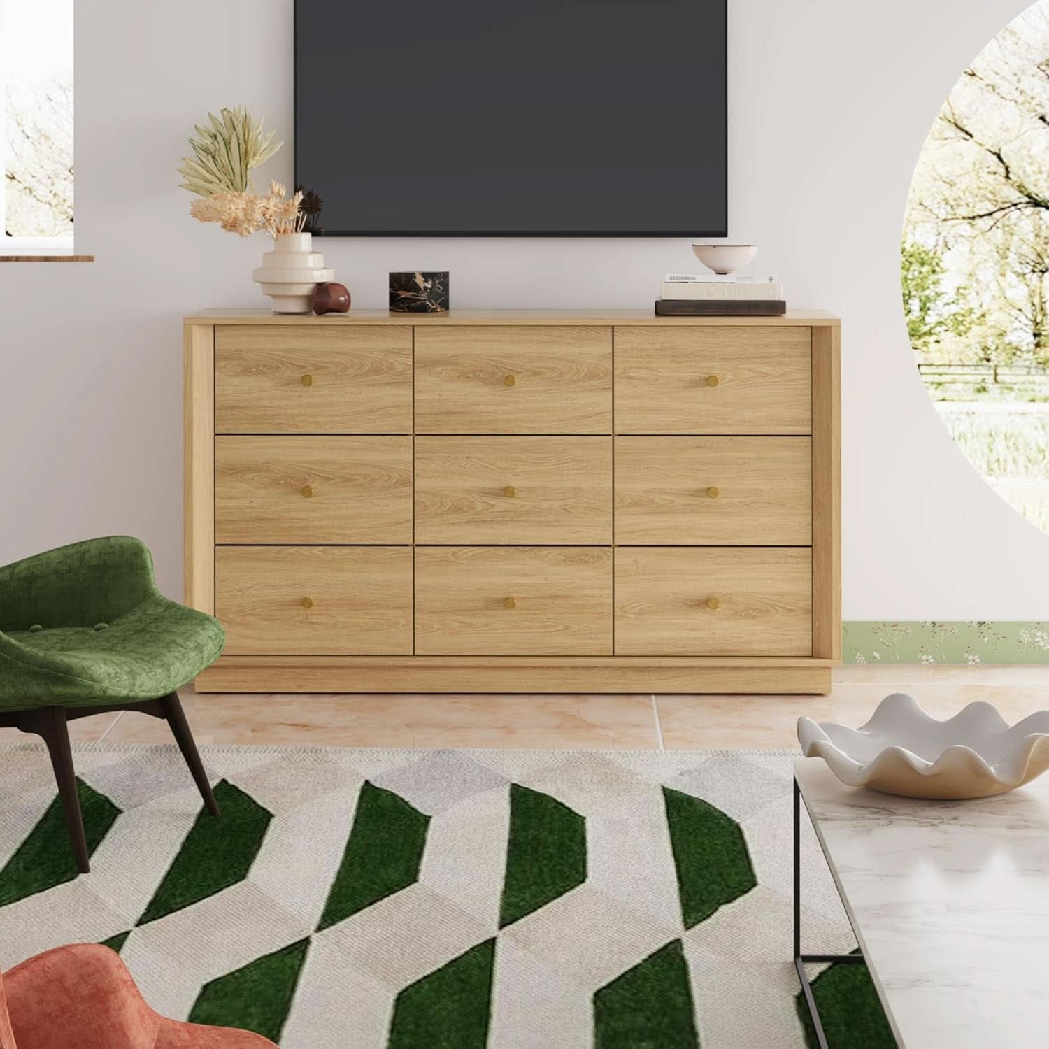Nine Drawer Dresser 55 Inch Golden Oak UltraWoodgrain