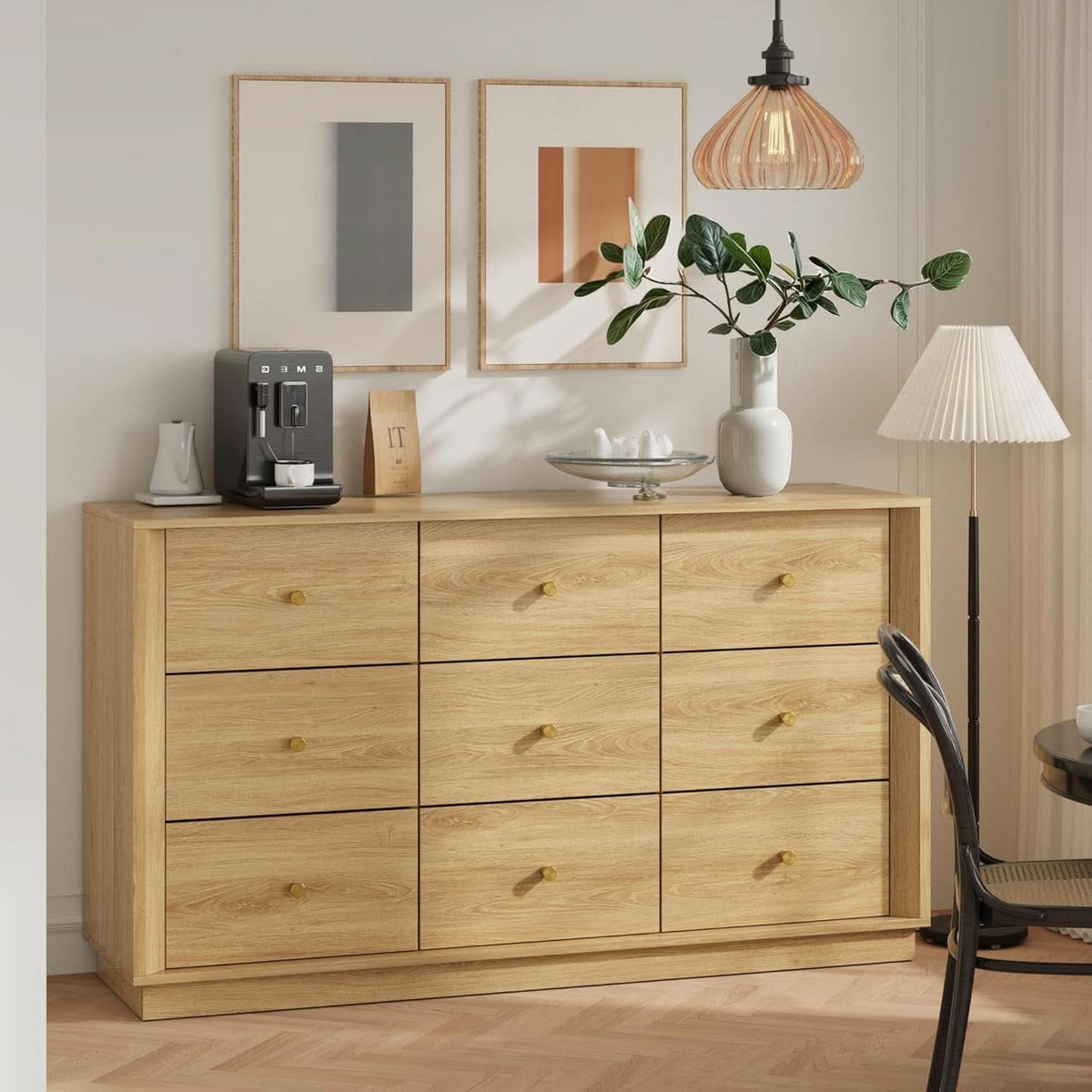 Nine Drawer Dresser 55 Inch Golden Oak UltraWoodgrain