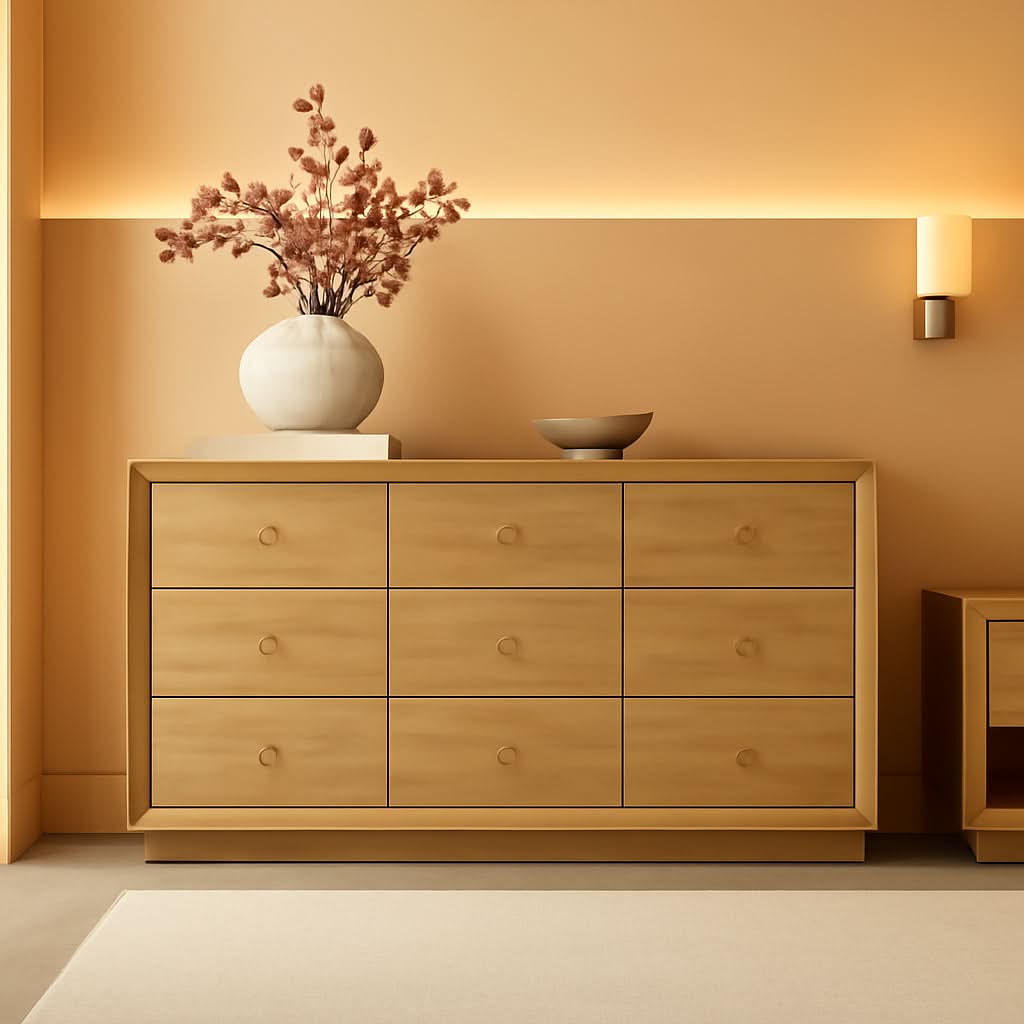 Nine Drawer Dresser 55 Inch Golden Oak UltraWoodgrain
