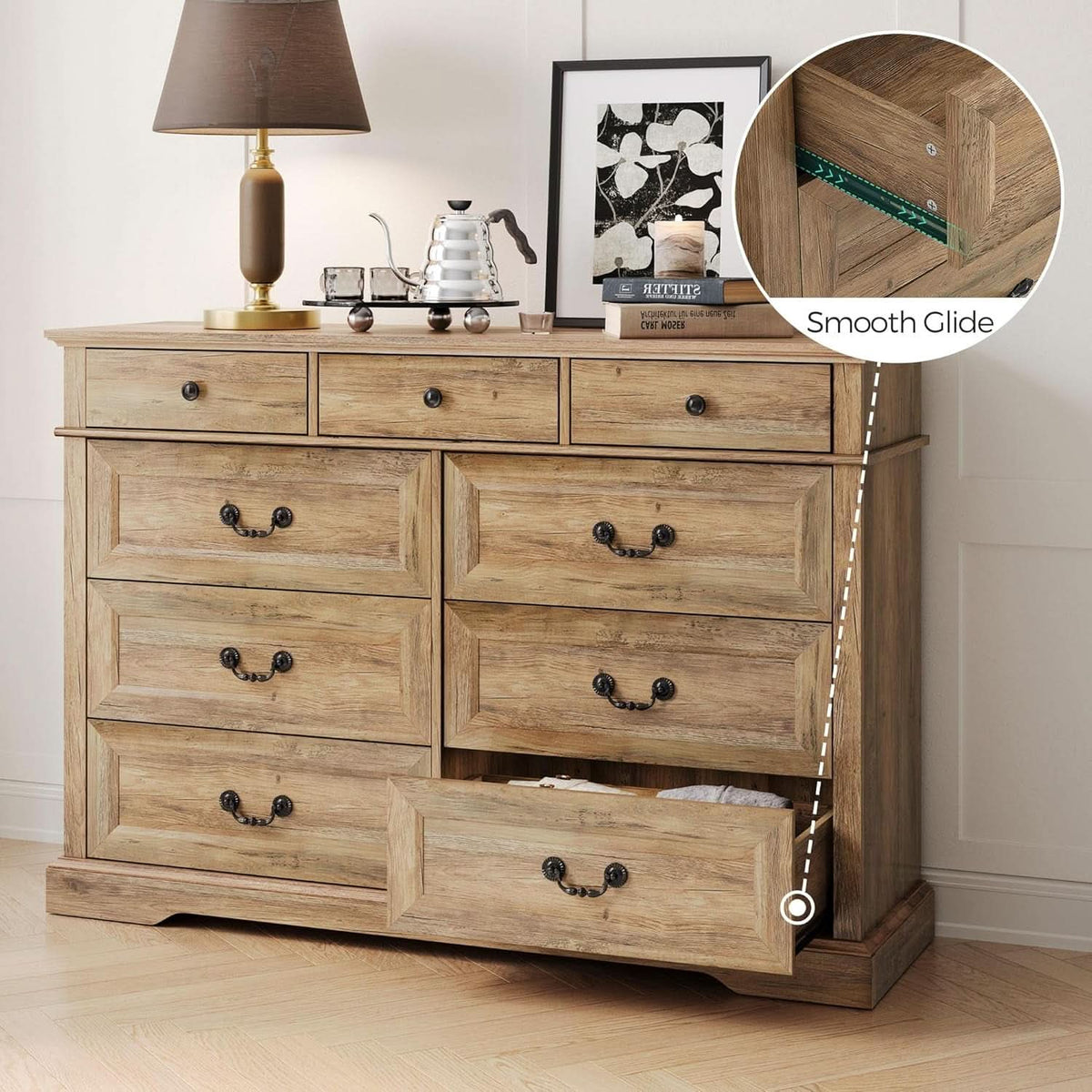 Nine Drawer Dresser Handcrafted Rustic Oakwood Finish