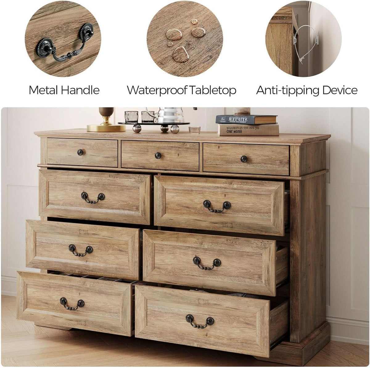 Nine Drawer Dresser Handcrafted Rustic Oakwood Finish