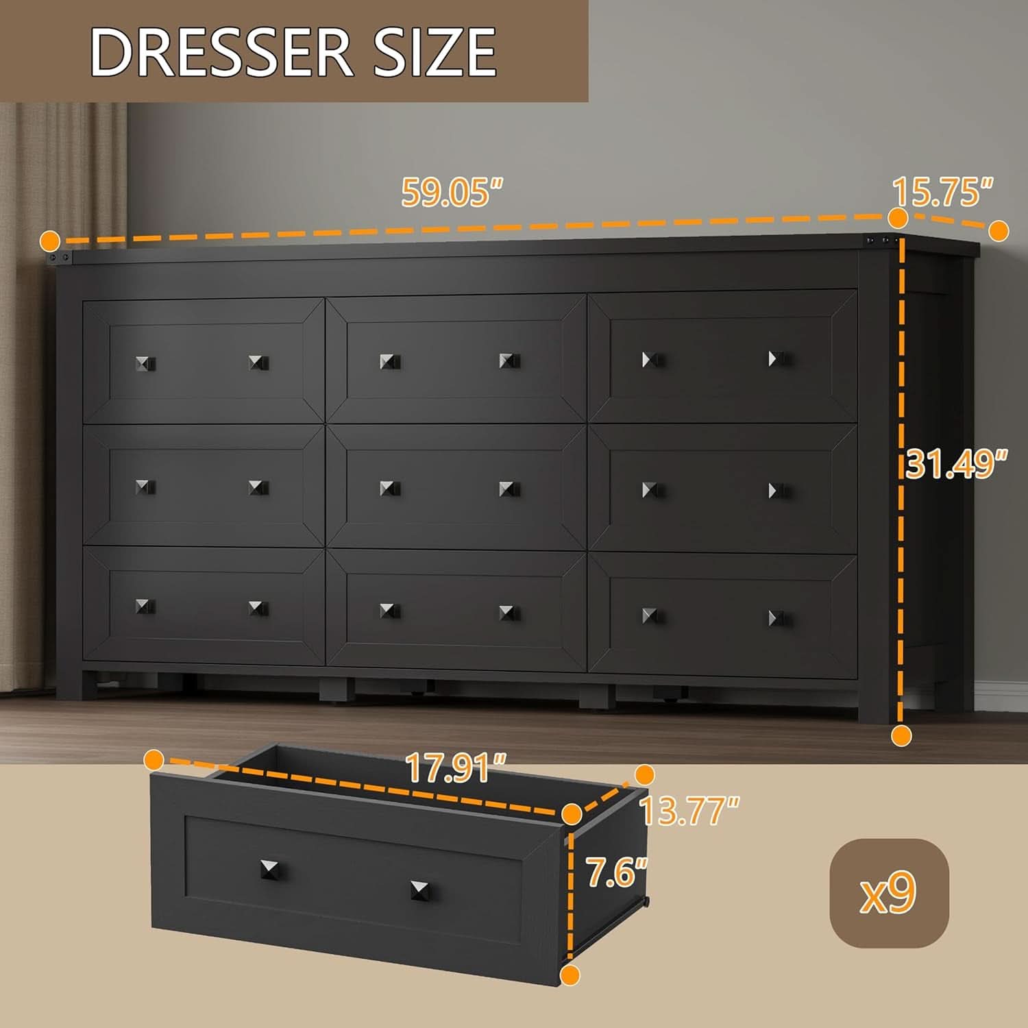 Nine Drawer Dresser Solid Wood FiftyNineInchWide Storage