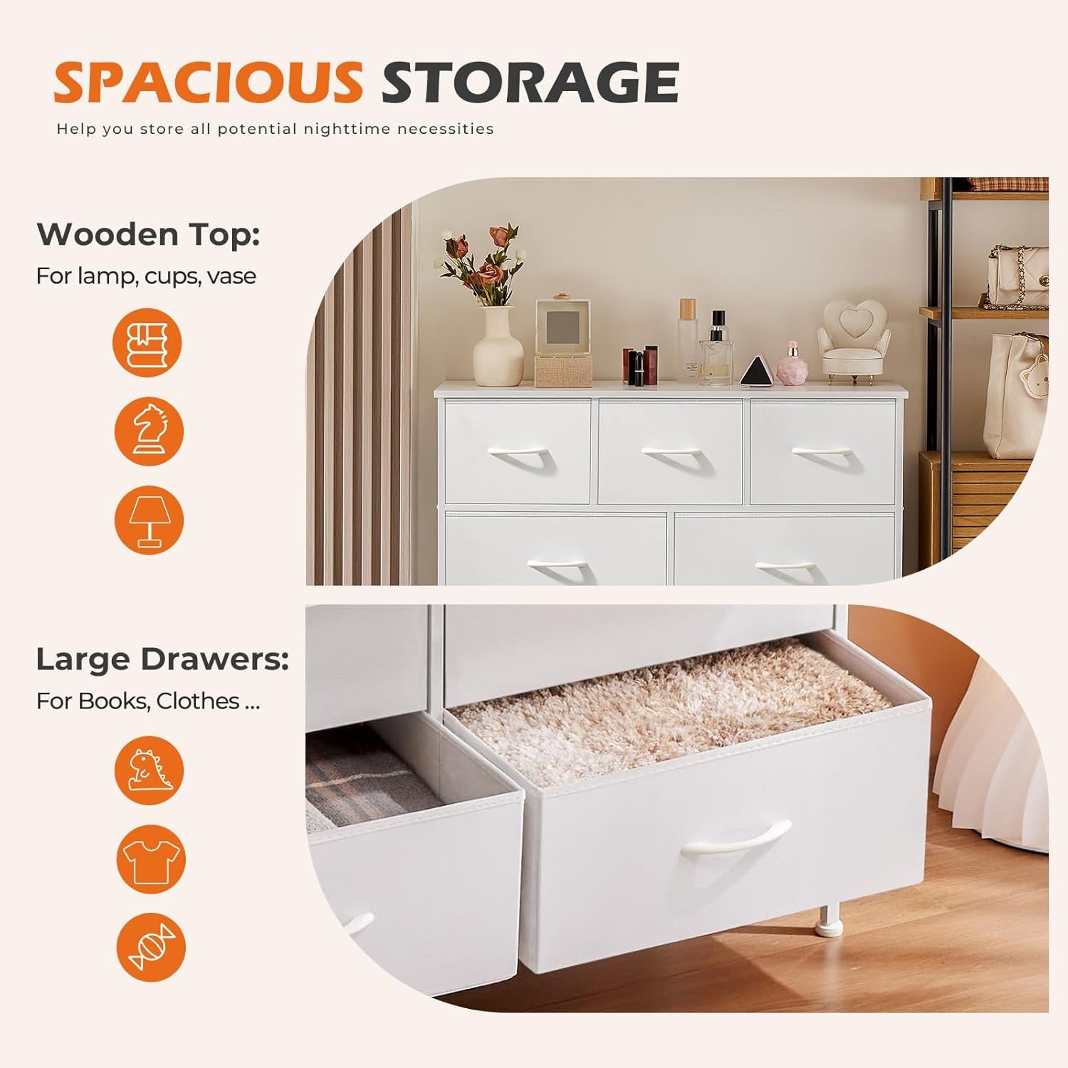 Nine Drawer Fabric Dresser With Steel Frame And Walnut Top