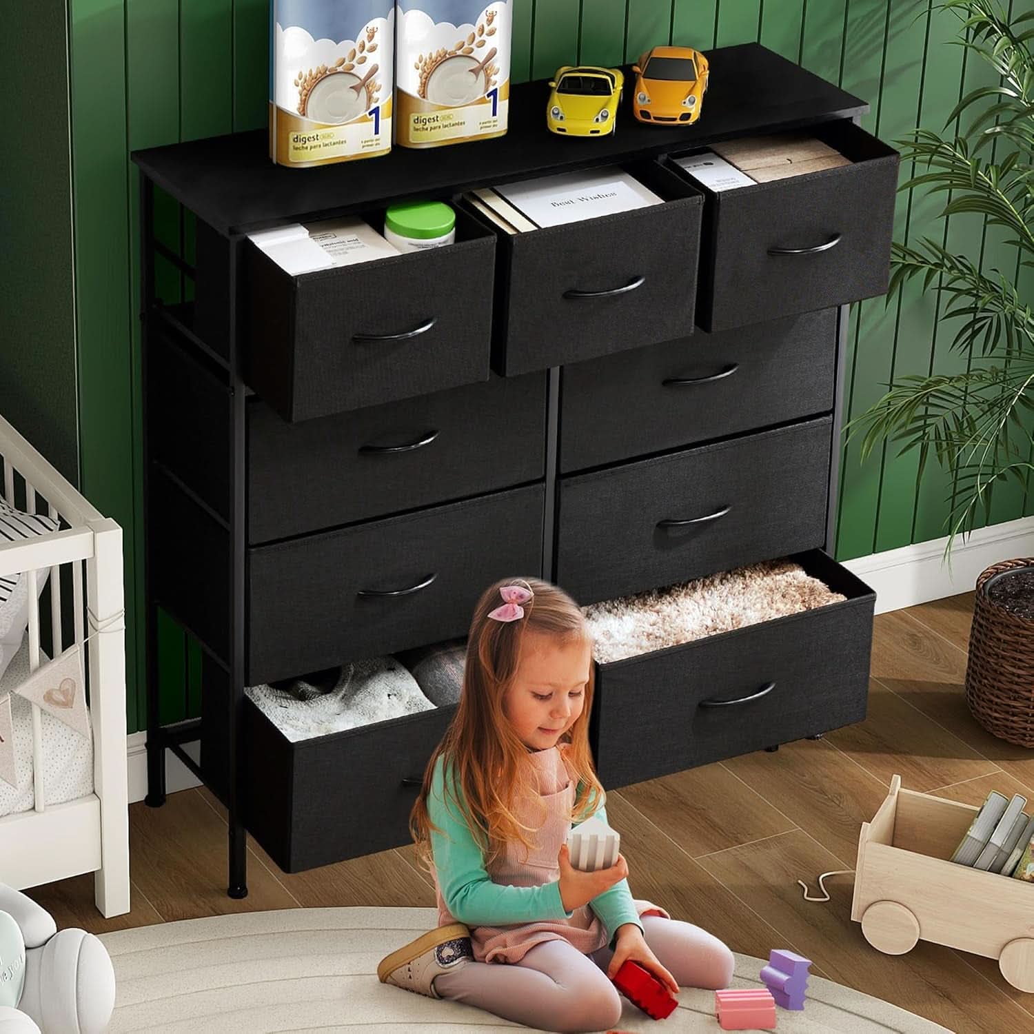Nine Drawer Fabric Dresser With Wood Top And Anti Tip Safety