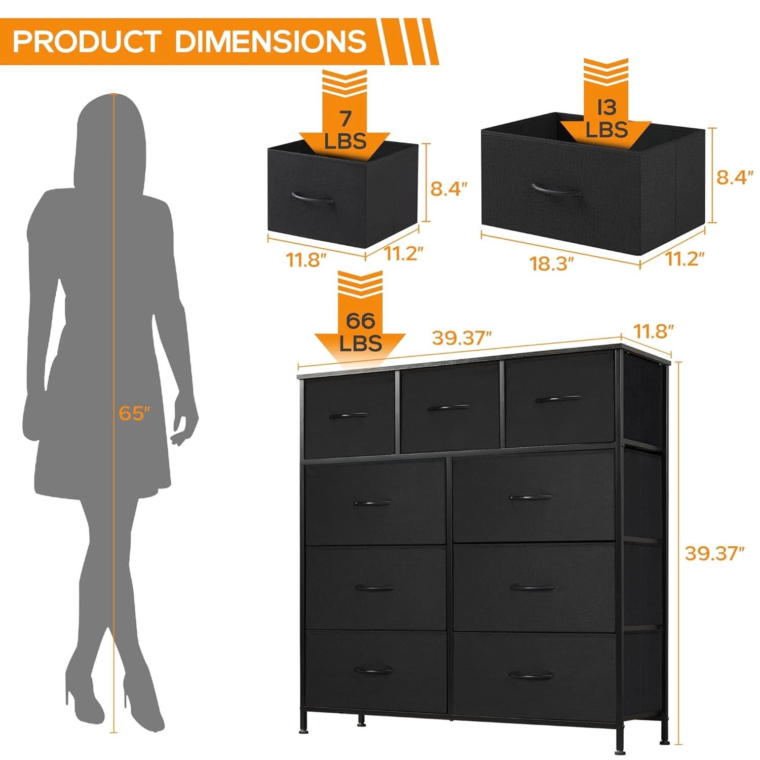 Nine Drawer Fabric Dresser With Wood Top And Anti Tip Safety
