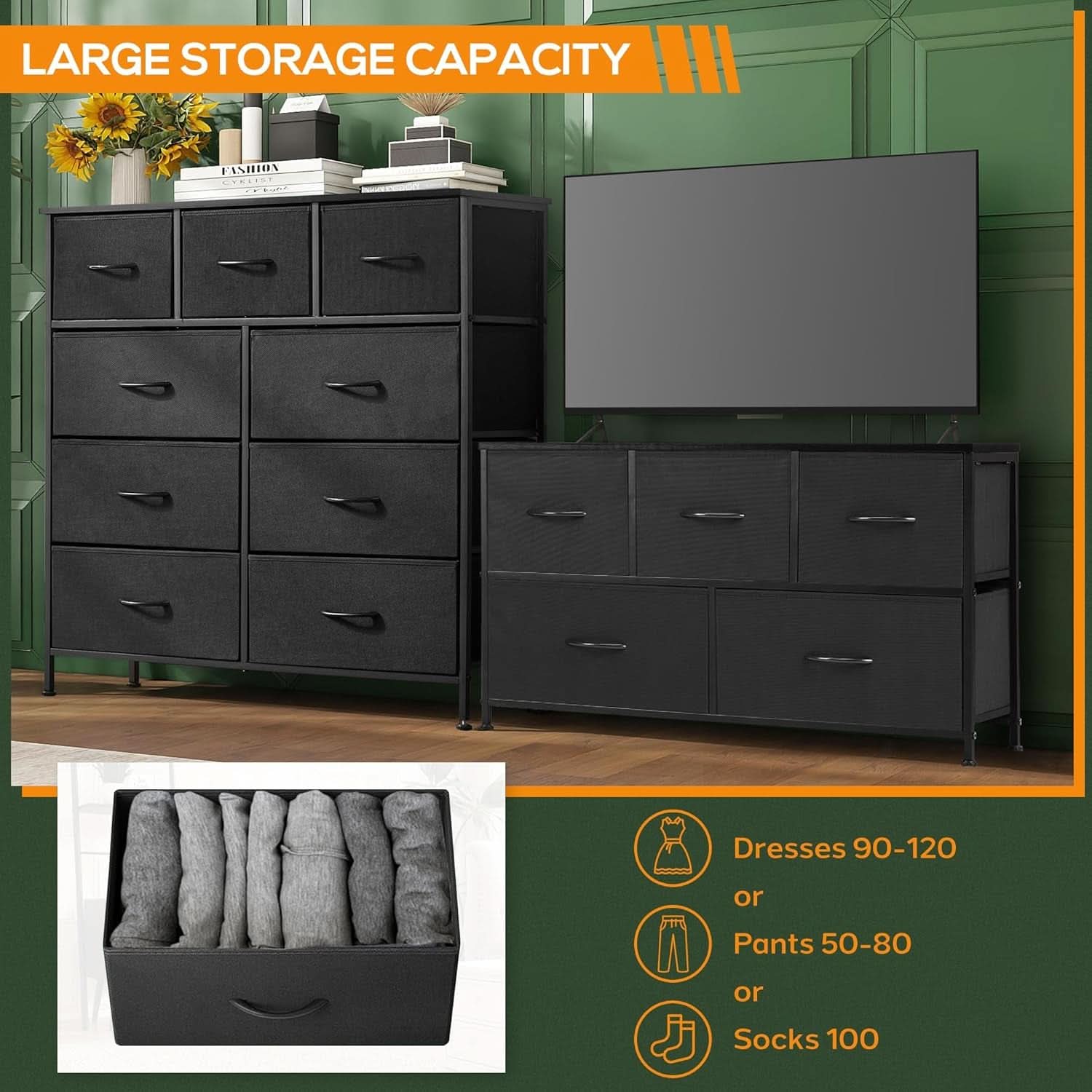 Nine Drawer Fabric Dresser With Wood Top And Anti Tip Safety