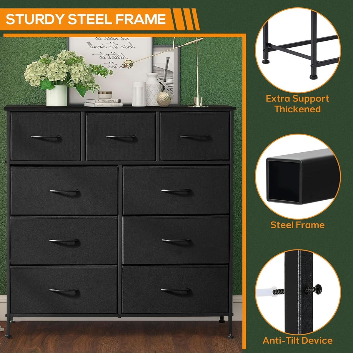 Nine Drawer Fabric Dresser With Wood Top And Anti Tip Safety
