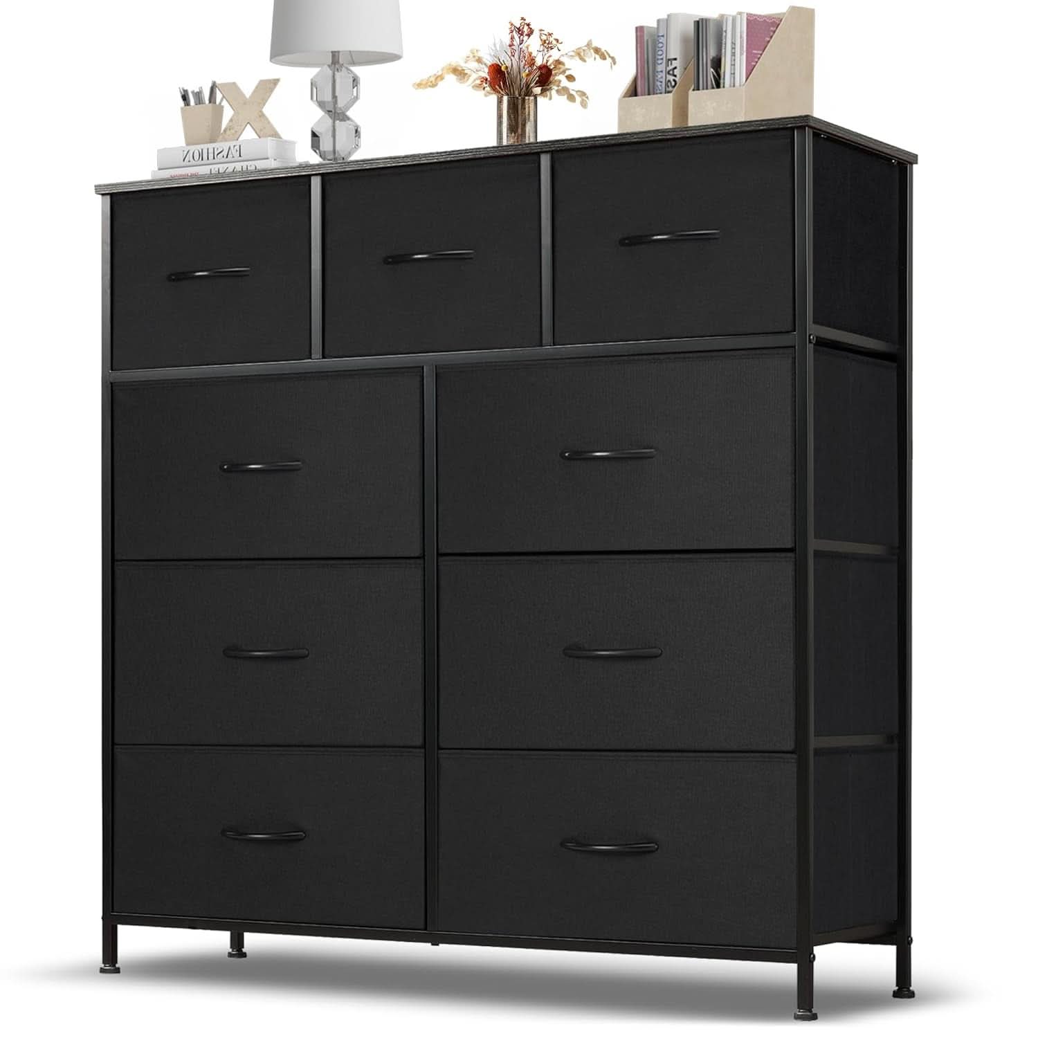 Nine Drawer Fabric Dresser With Wood Top And Anti Tip Safety