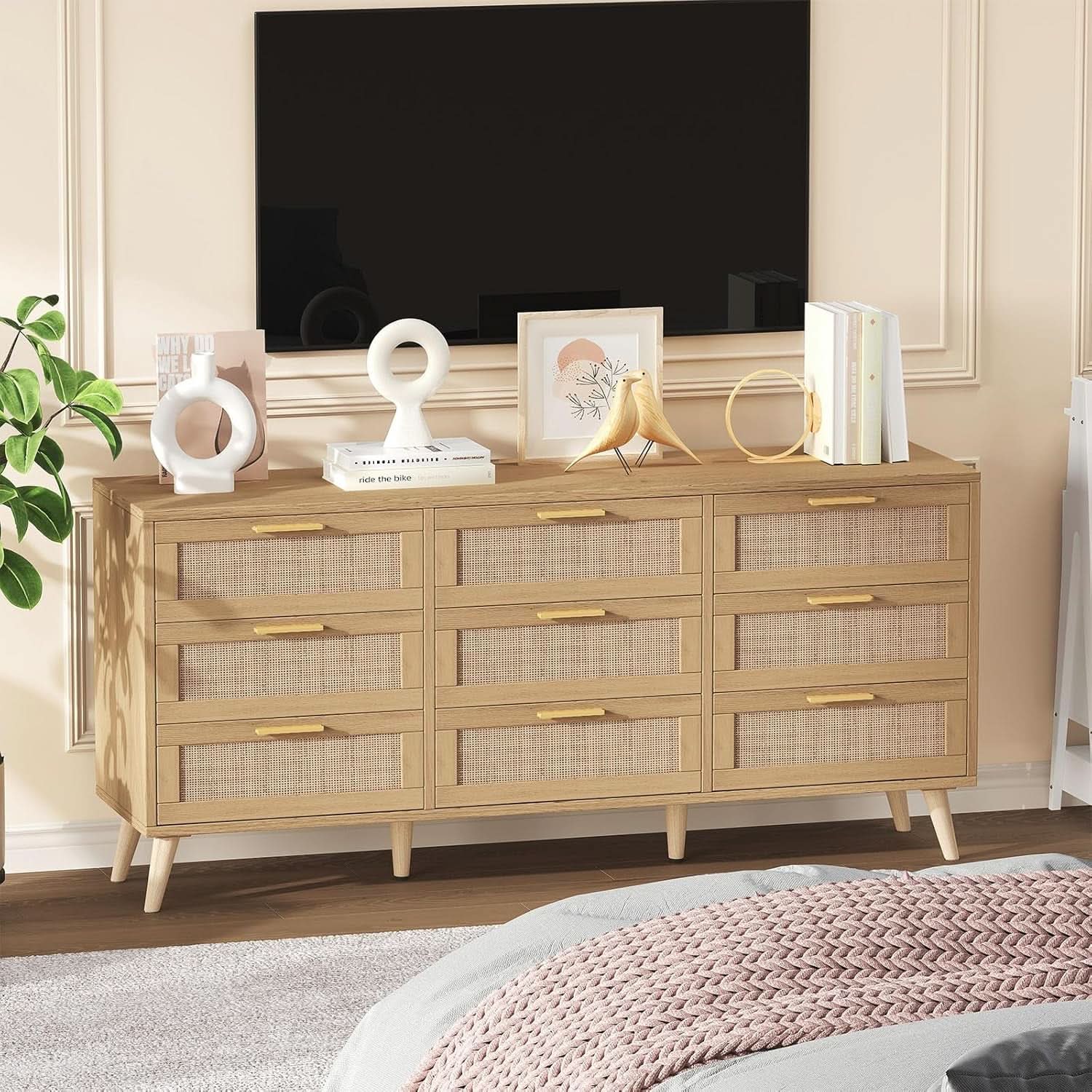 Nine Drawer Rattan Dresser Featuring Golden Handles