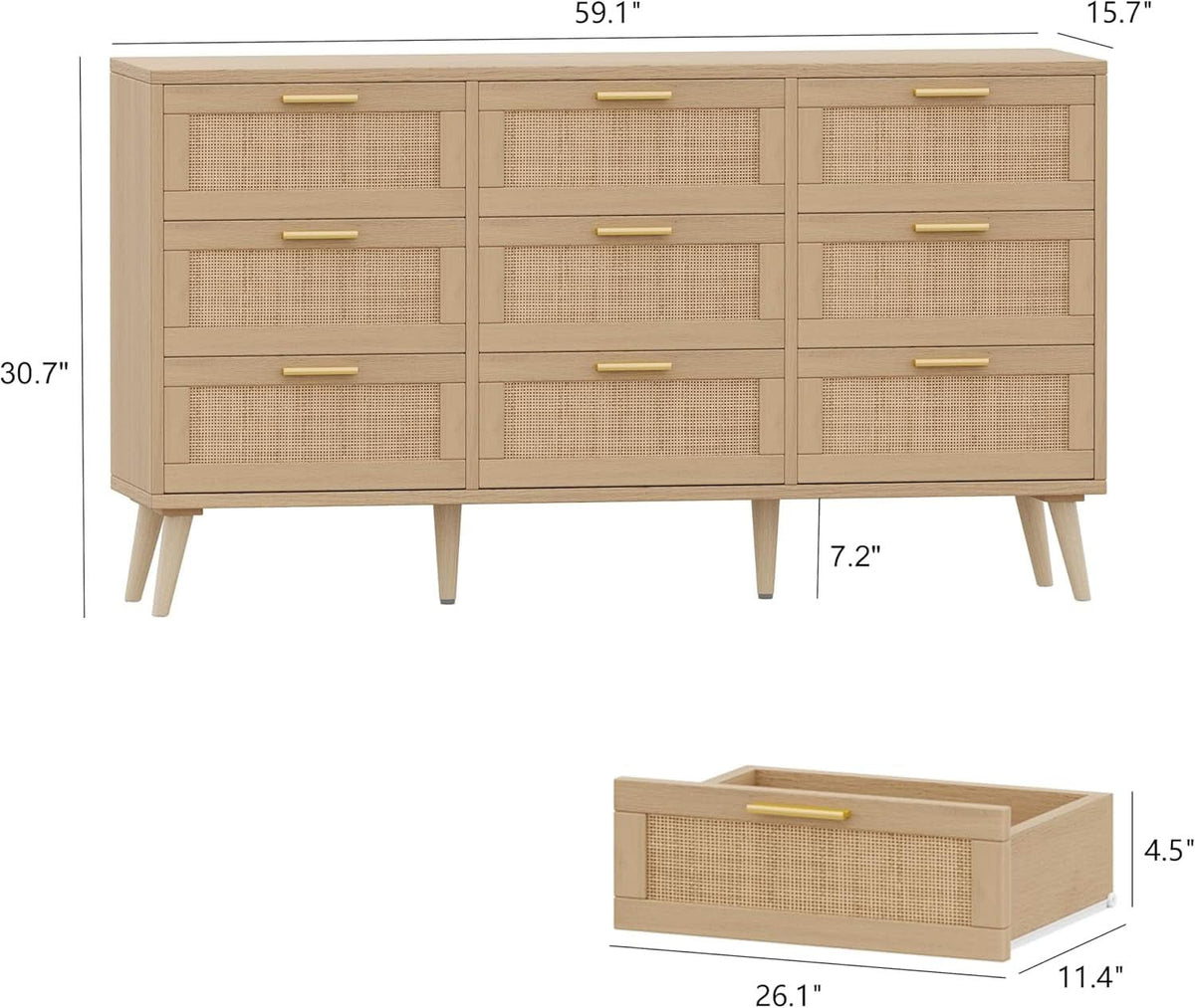 Nine Drawer Rattan Dresser Featuring Golden Handles