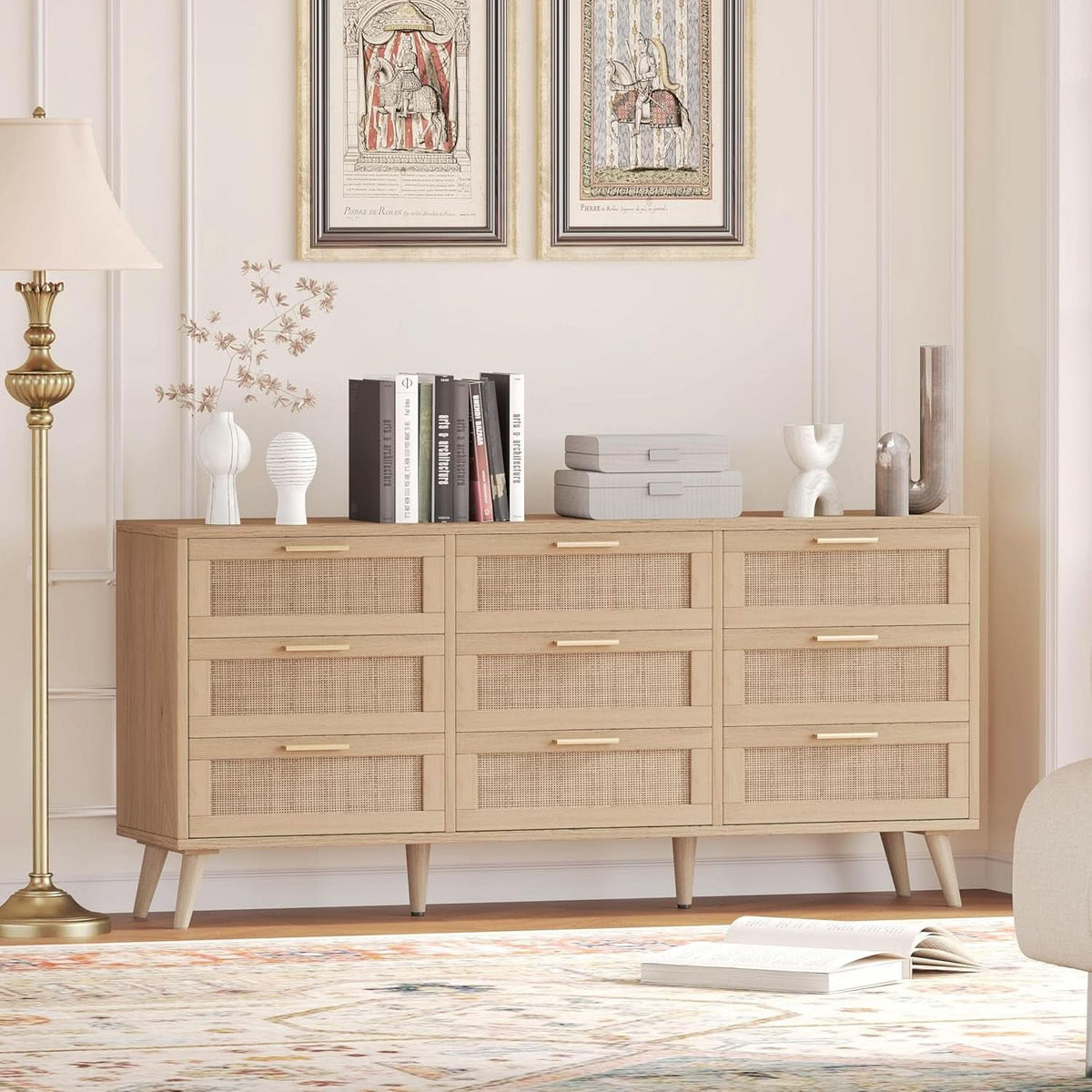 Nine Drawer Rattan Dresser Featuring Golden Handles