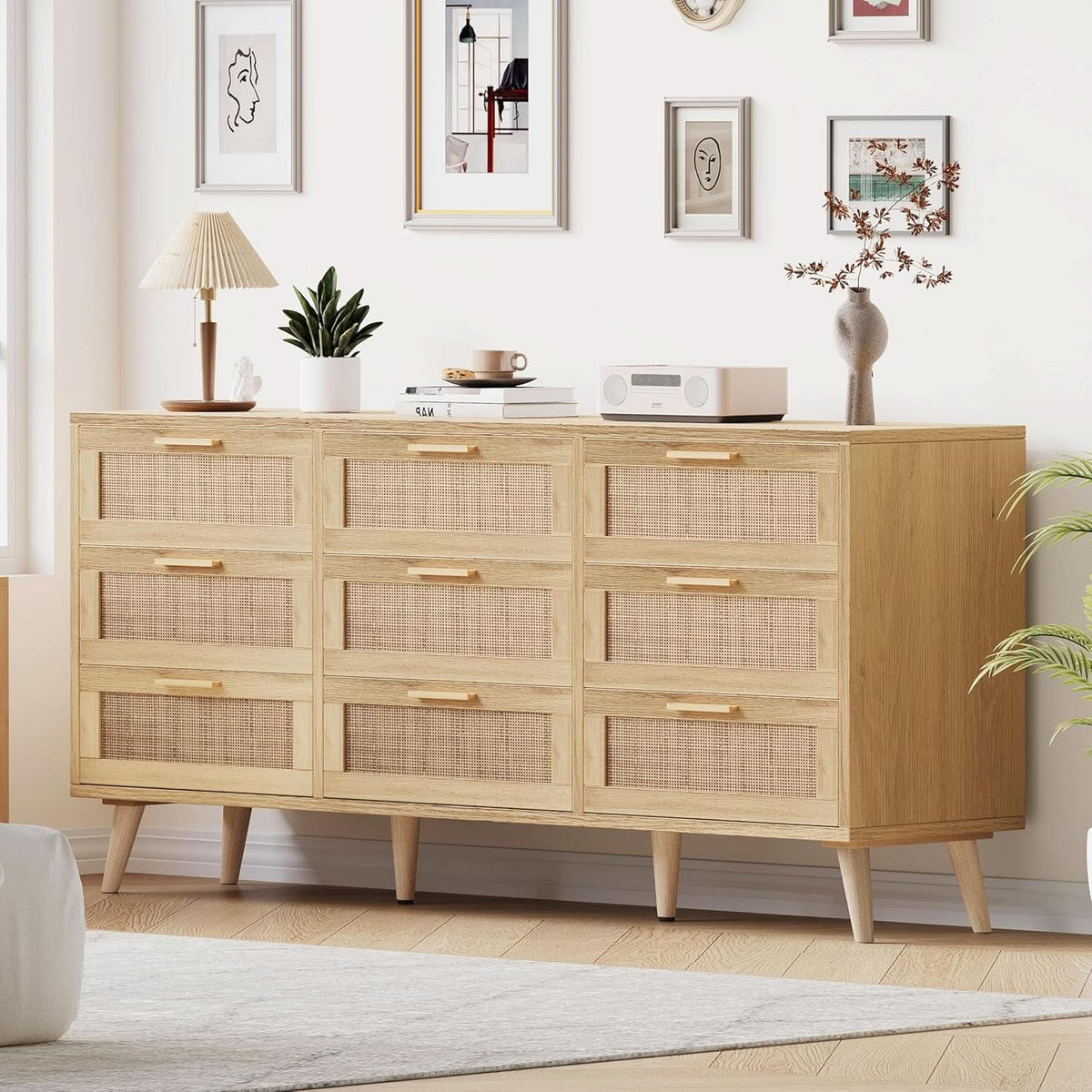 Nine Drawer Rattan Dresser Featuring Golden Handles