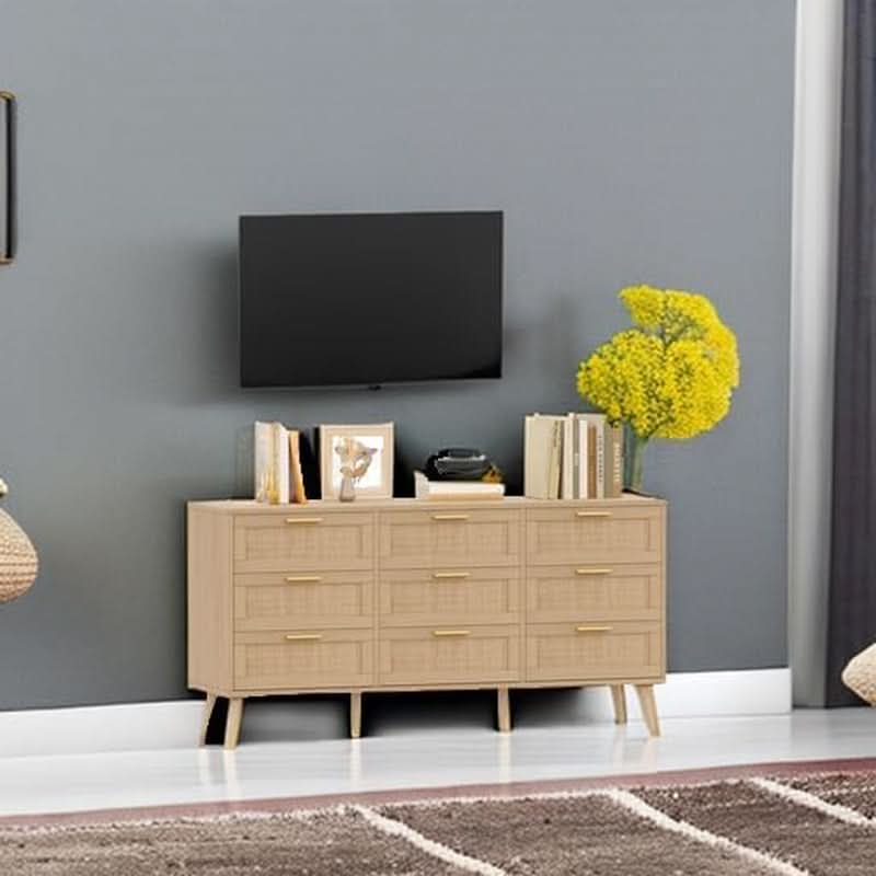 Nine Drawer Rattan Dresser Featuring Golden Handles