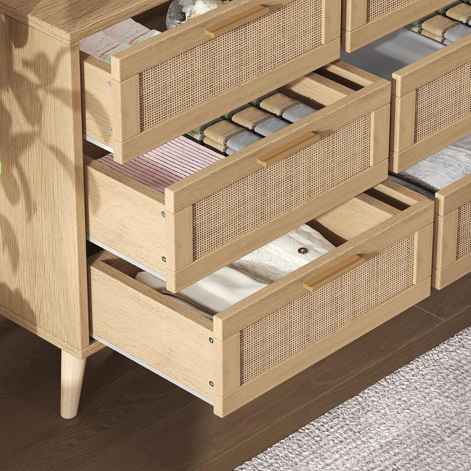 Nine Drawer Rattan Dresser Featuring Golden Handles
