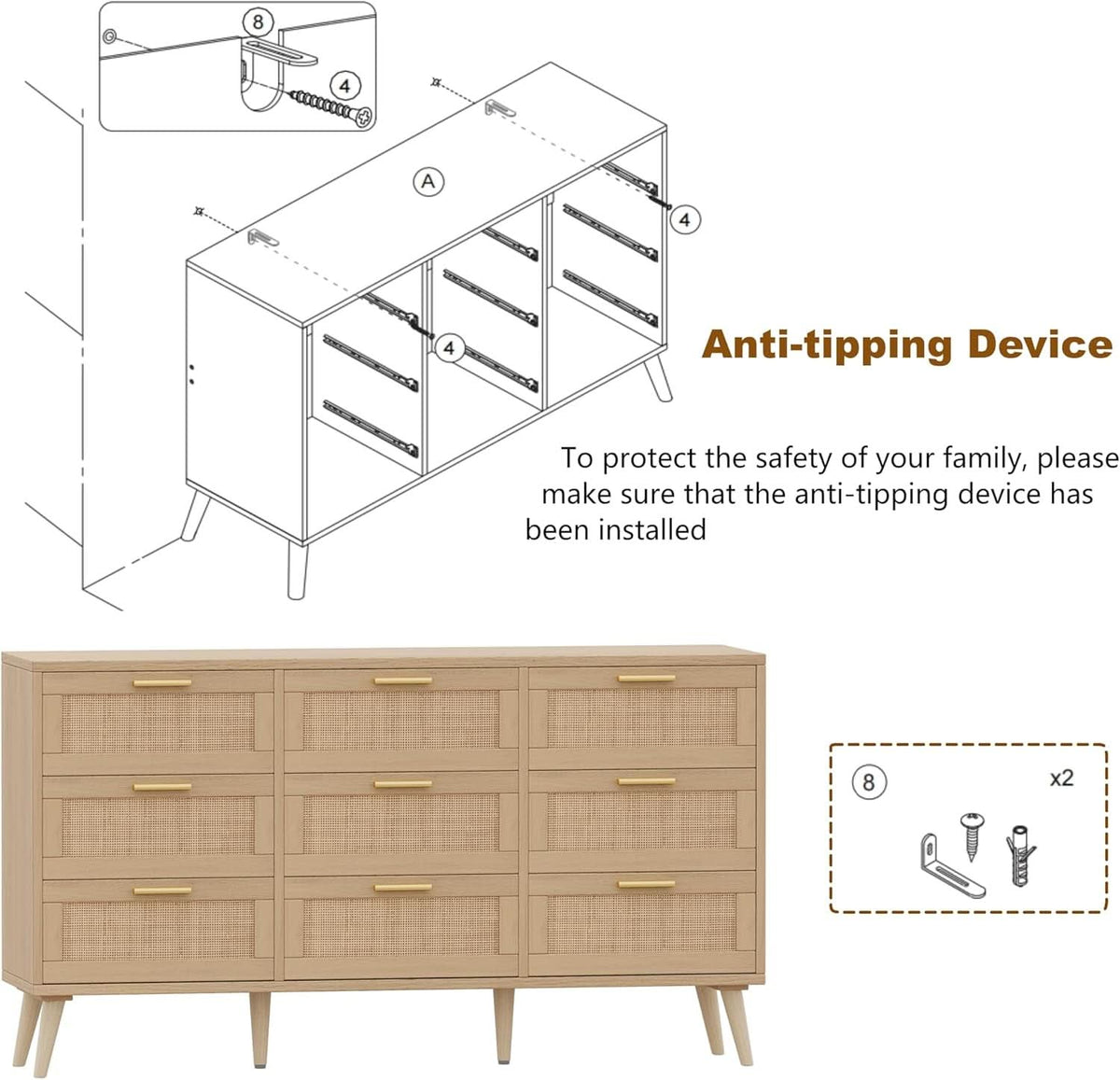 Nine Drawer Rattan Dresser Featuring Golden Handles