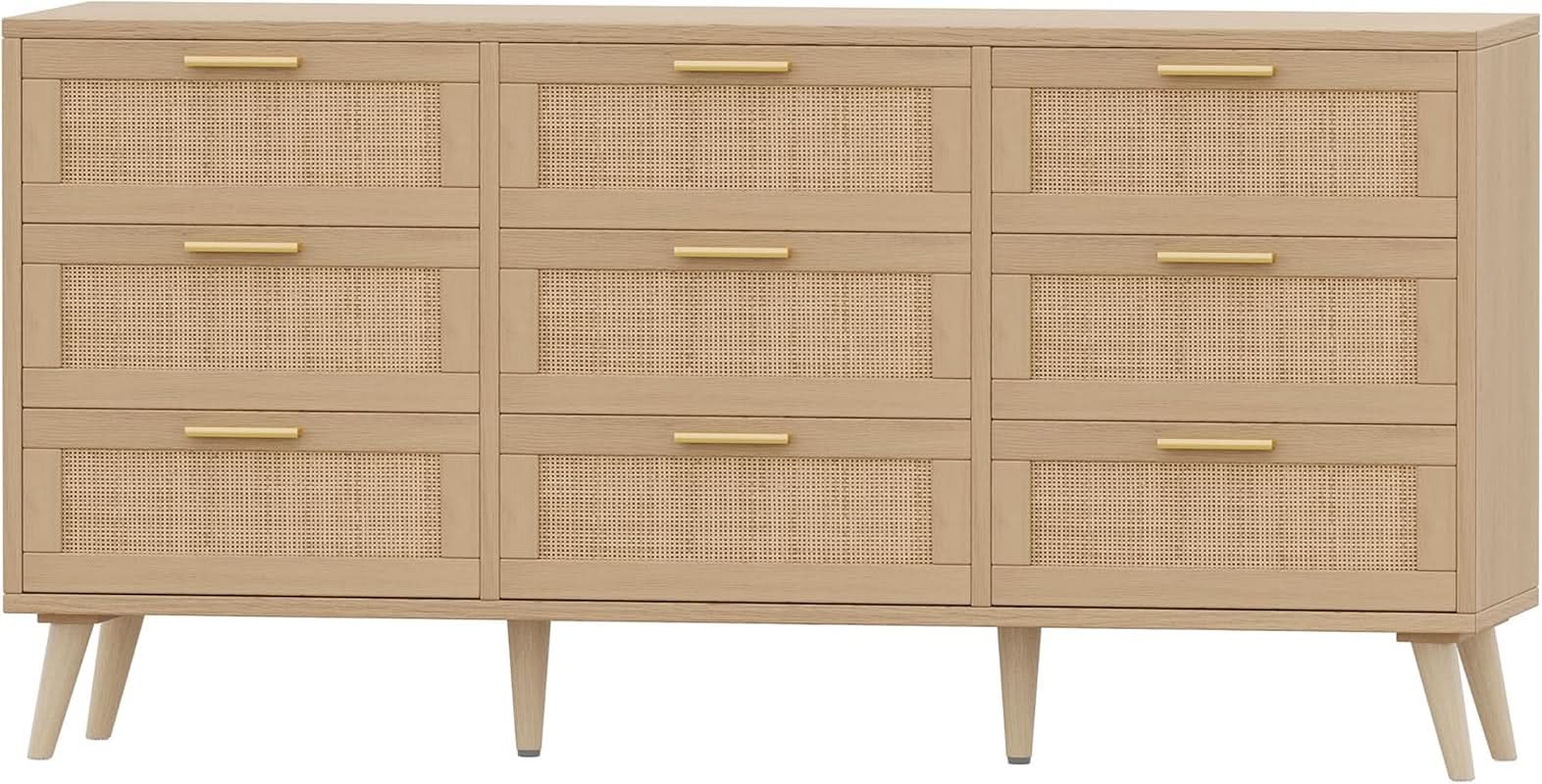 Nine Drawer Rattan Dresser Featuring Golden Handles