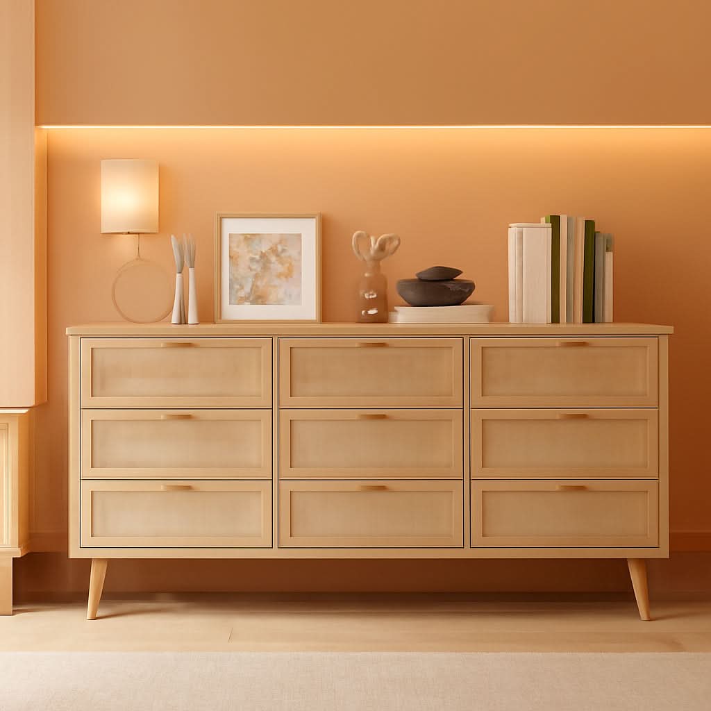 Nine Drawer Rattan Dresser Featuring Golden Handles