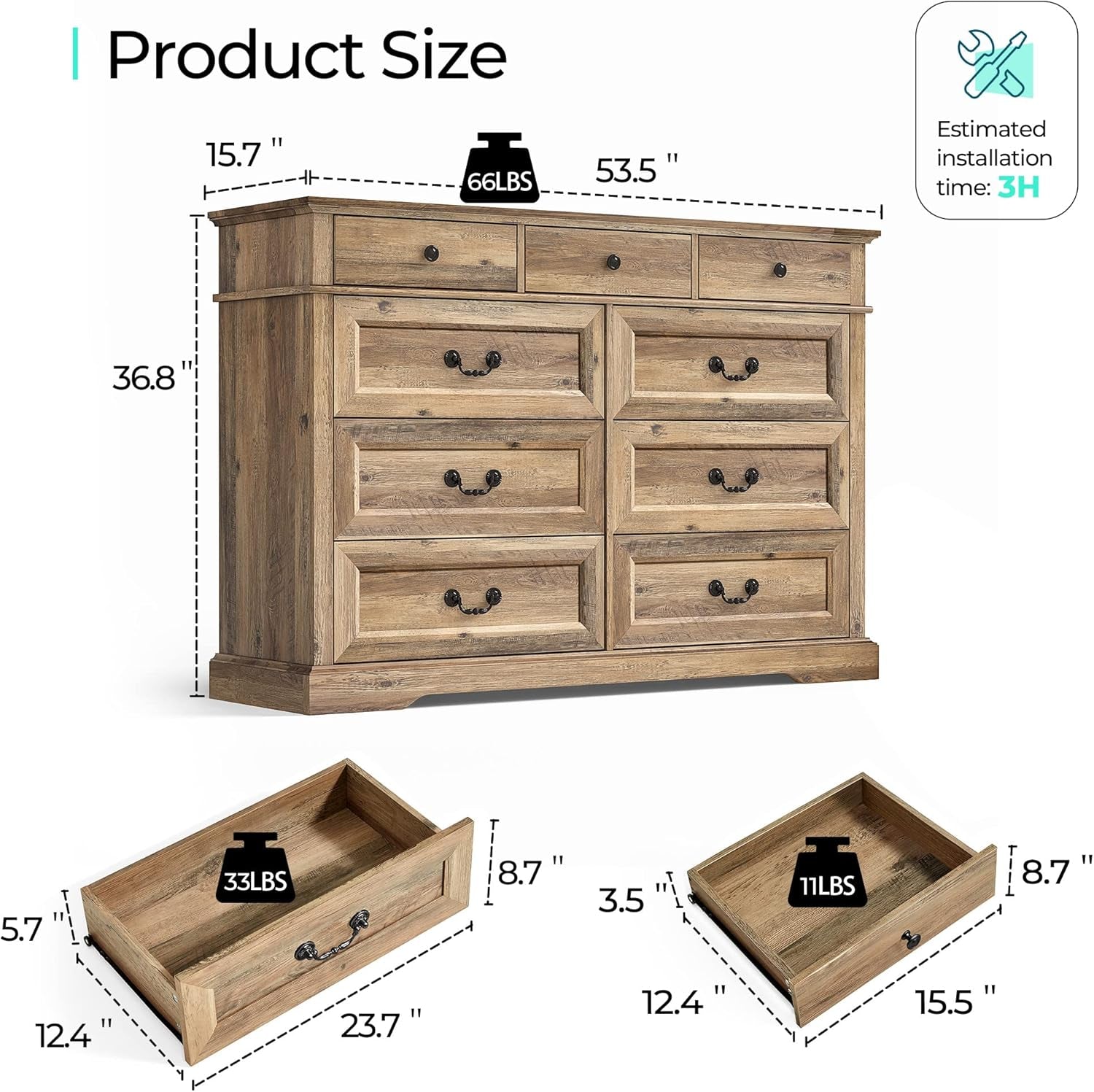 Nine Drawer Wood Dresser Rustic Oak Farmhouse Finish