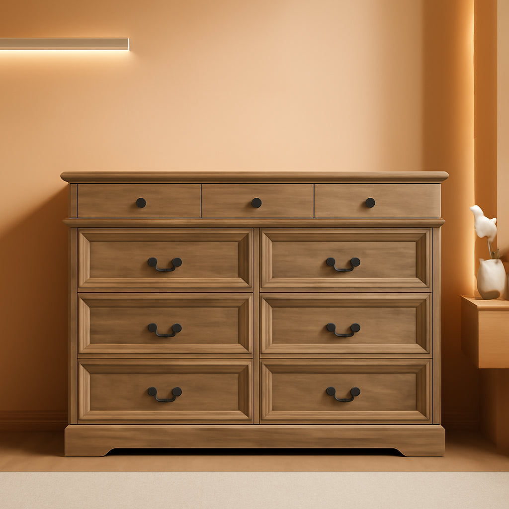 Nine Drawer Wood Dresser Rustic Oak Farmhouse Finish
