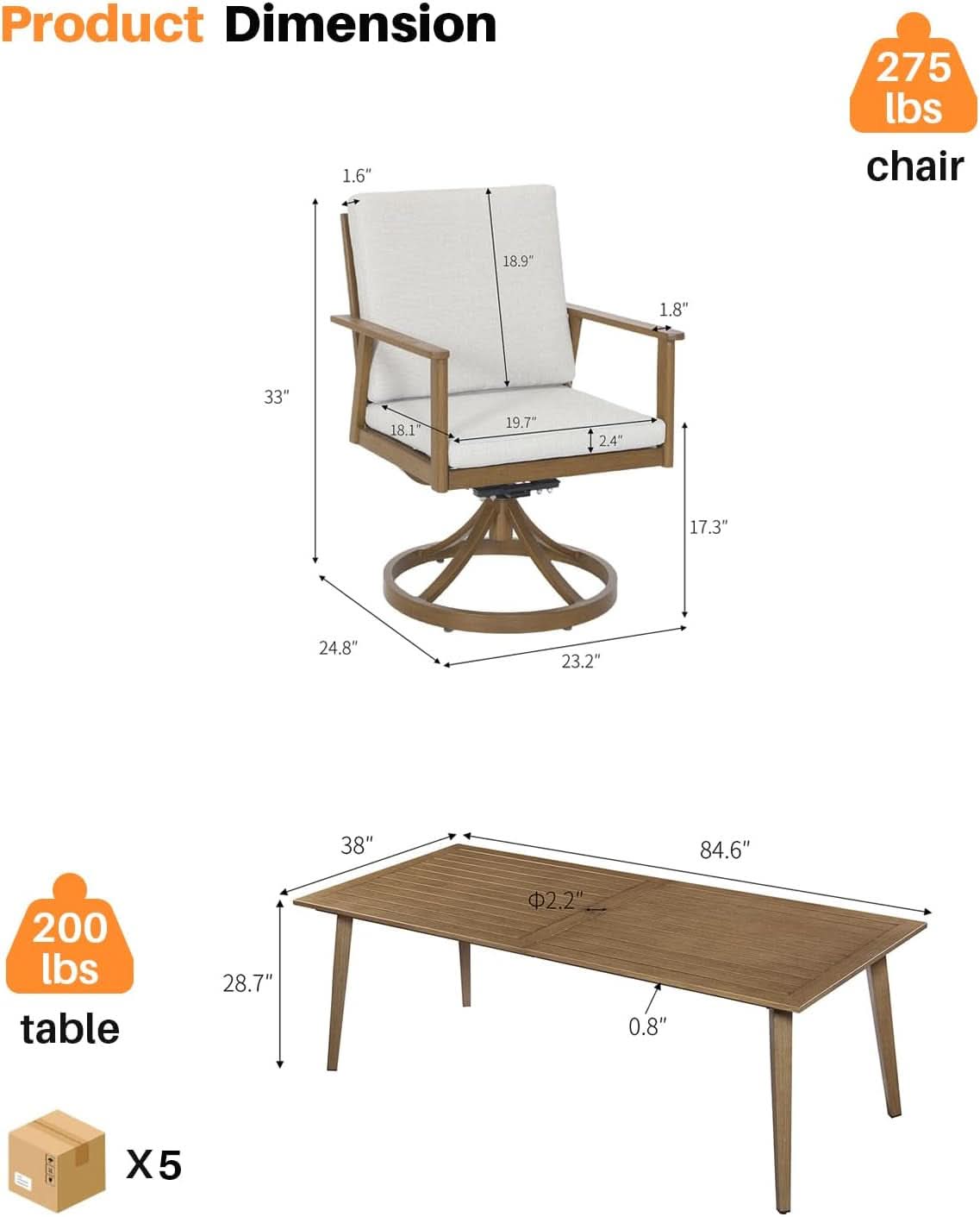 Nine Piece Outdoor Patio Dining Set with Swivel Chairs