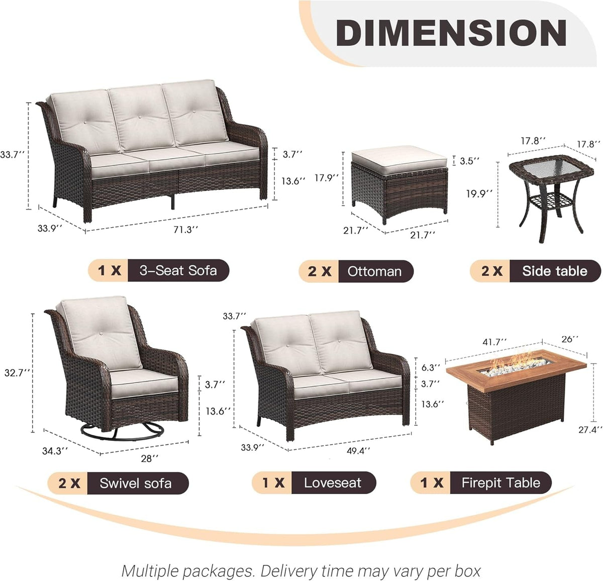 Nine Piece Outdoor Patio Wicker Furniture Set with Fire Table
