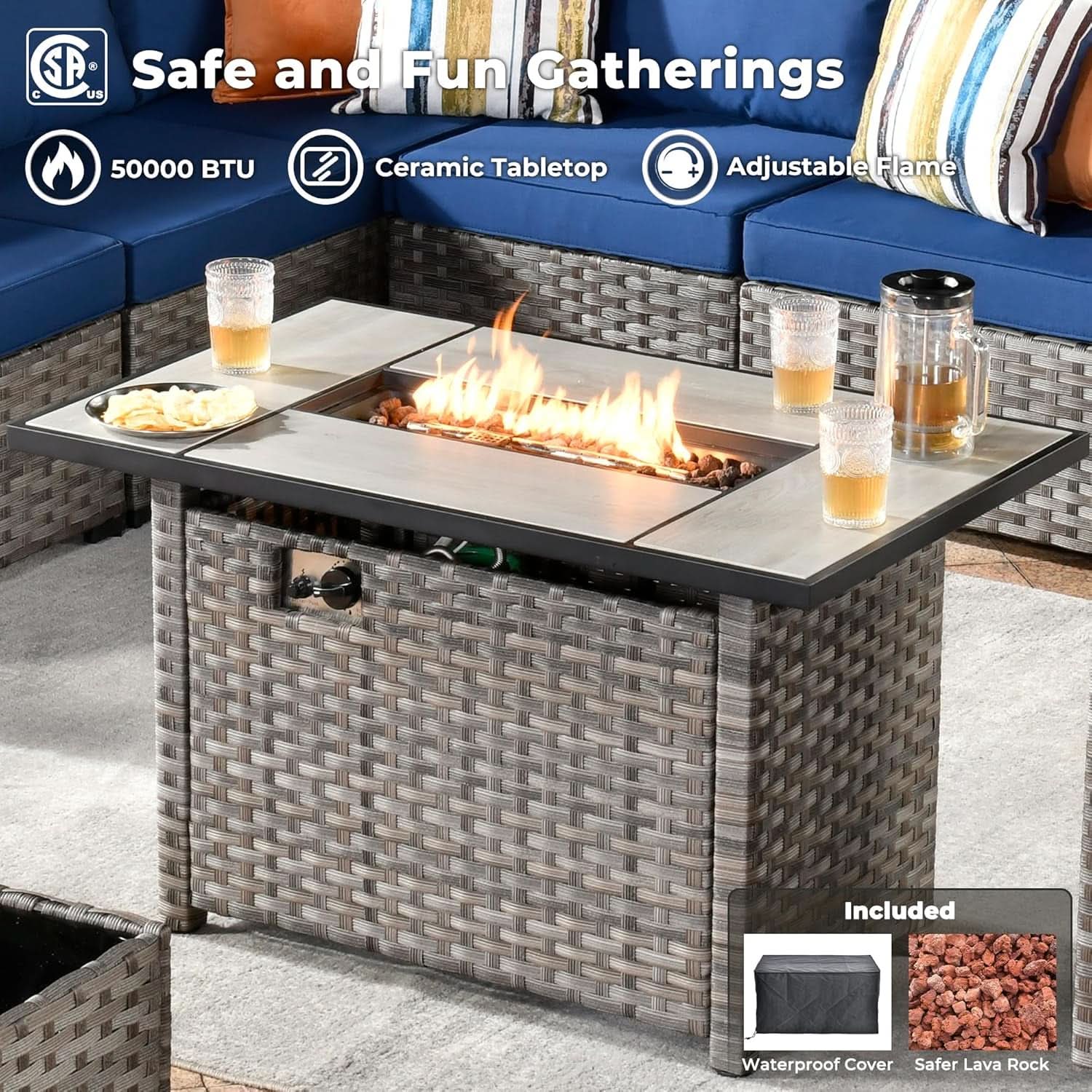 Nine Piece Outdoor Wicker Sofa Set With Fire Pit