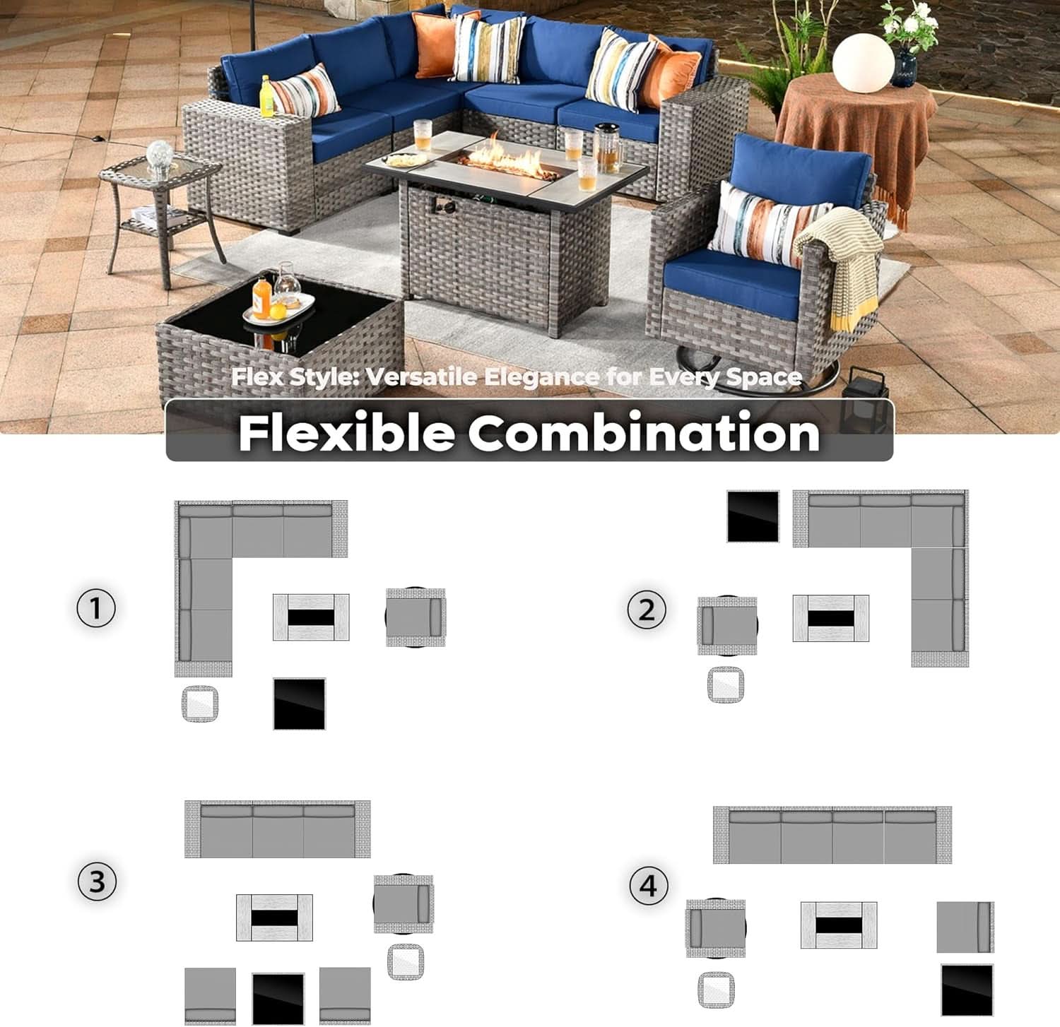 Nine Piece Outdoor Wicker Sofa Set With Fire Pit