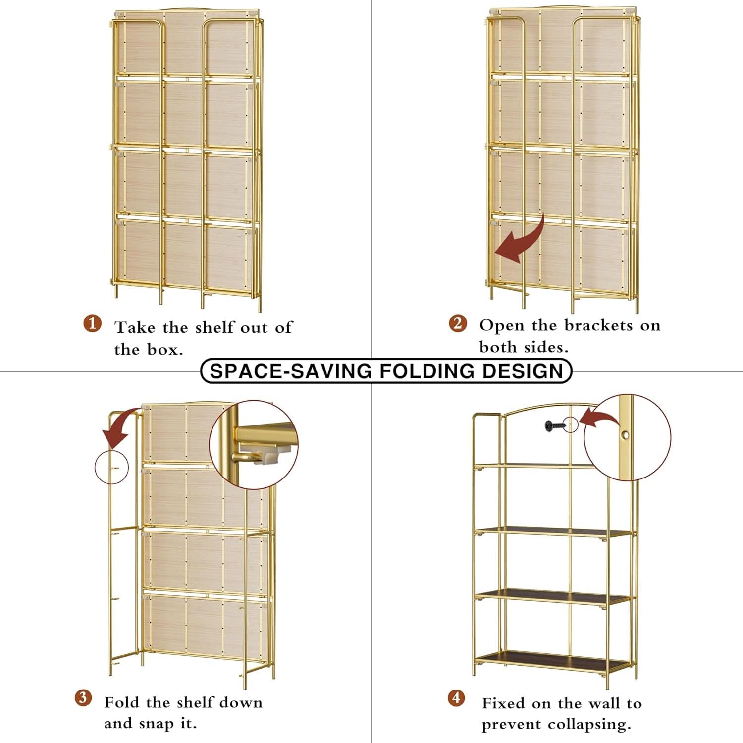 No Assembly Foldable Bookshelf 4 Tier Gold Bookcase